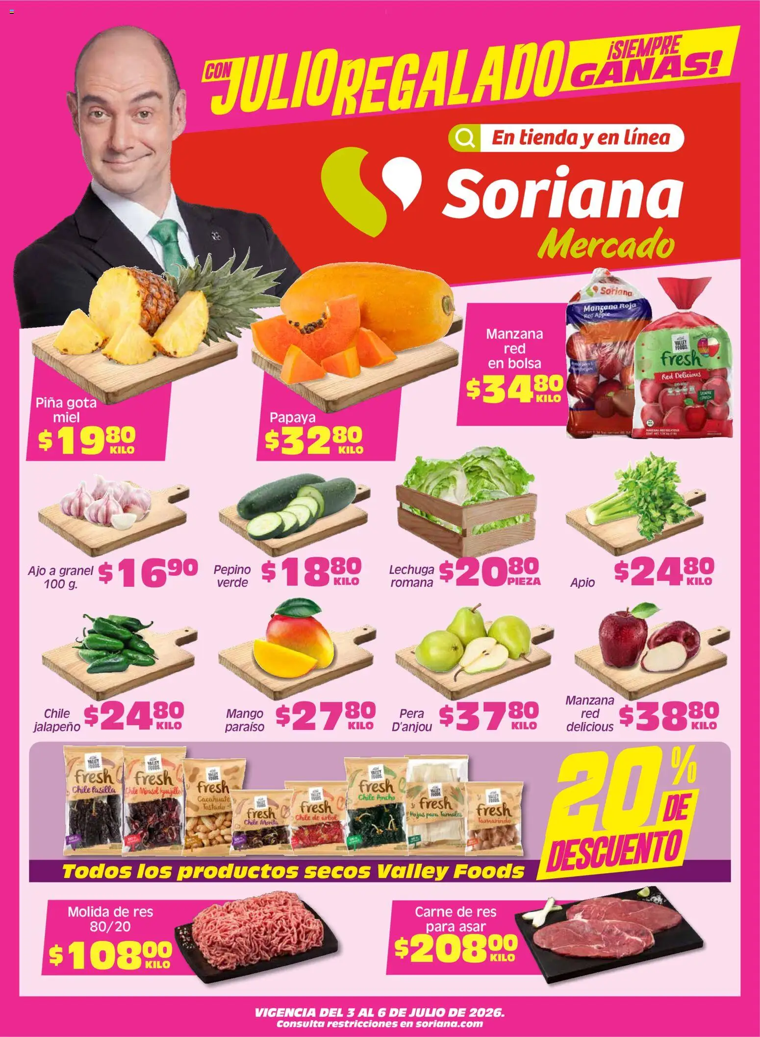 Nuevas ofertas de Soriana válidas en toda la República Mexicana desde el 03/07/2026. ¡Encuentra las mejores ofertas en Soriana Fin de Semana Mercado: Nuevo León! | Página: 1 | Productos: Ajo, Manzana, Mango, Res