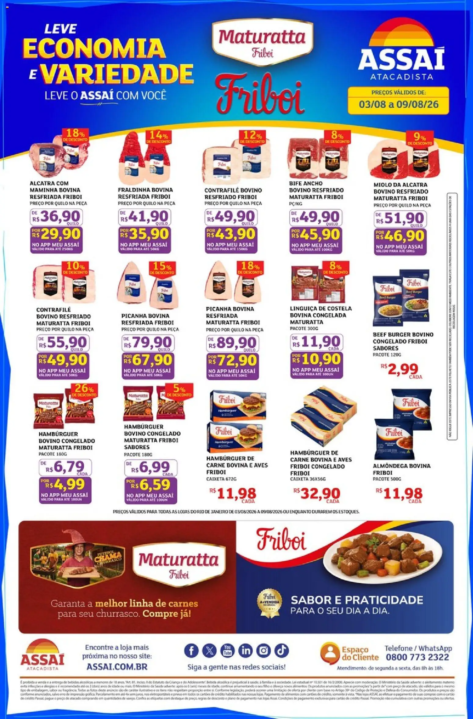 Assaí Atacadista Folheto - válido de 03/08/2026 | Página: 1 | Produtos: Fraldinha, Picanha, Base, Hambúrguer