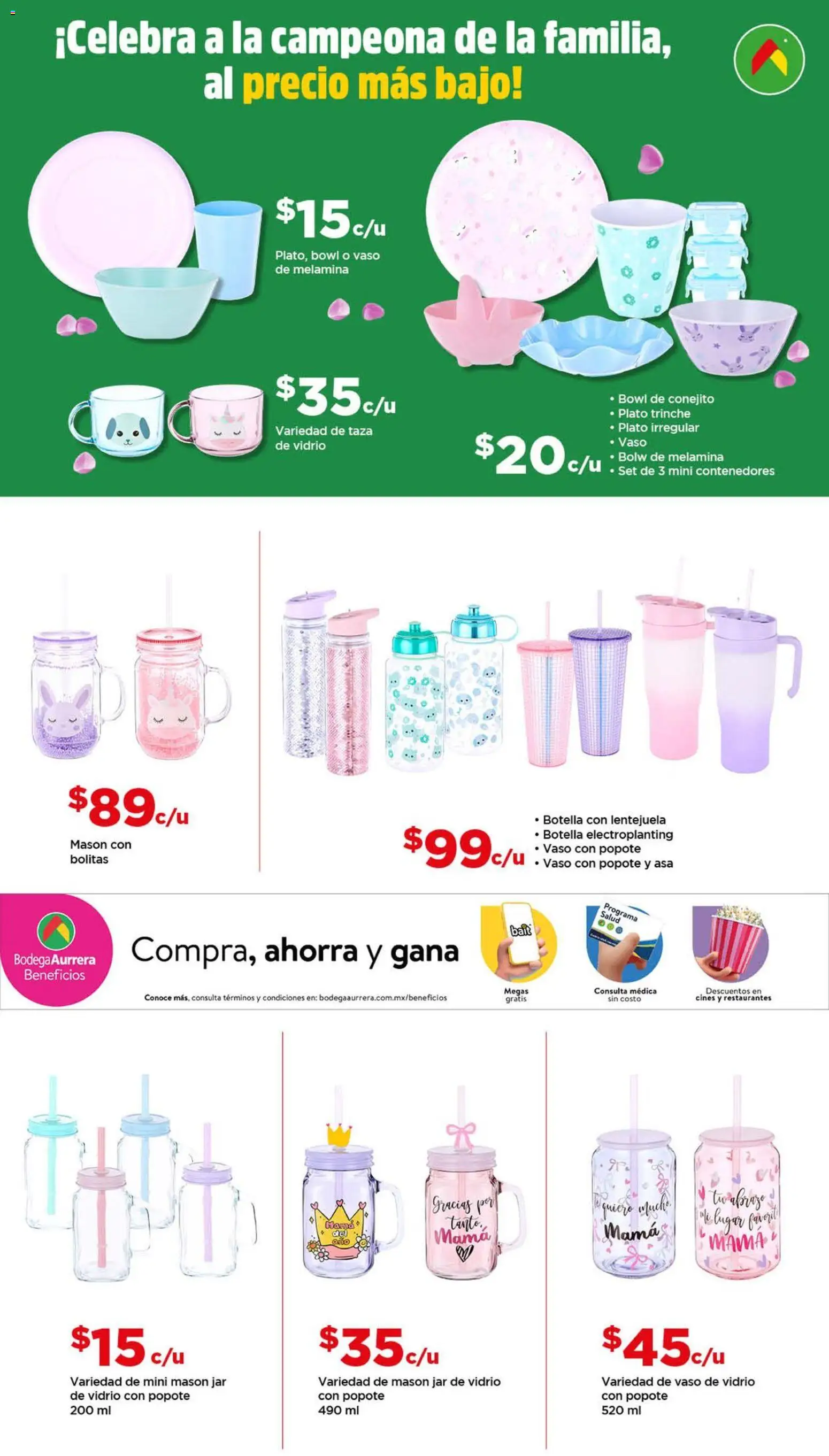 Nuevas ofertas de Bodega Aurrerá válidas en toda la República Mexicana desde el 13.04.2026. ¡Encuentra las mejores ofertas en Bodega Aurrerá folleto Día de las Madres! | Página: 4 | Productos: Taza, Botella, Bowl
