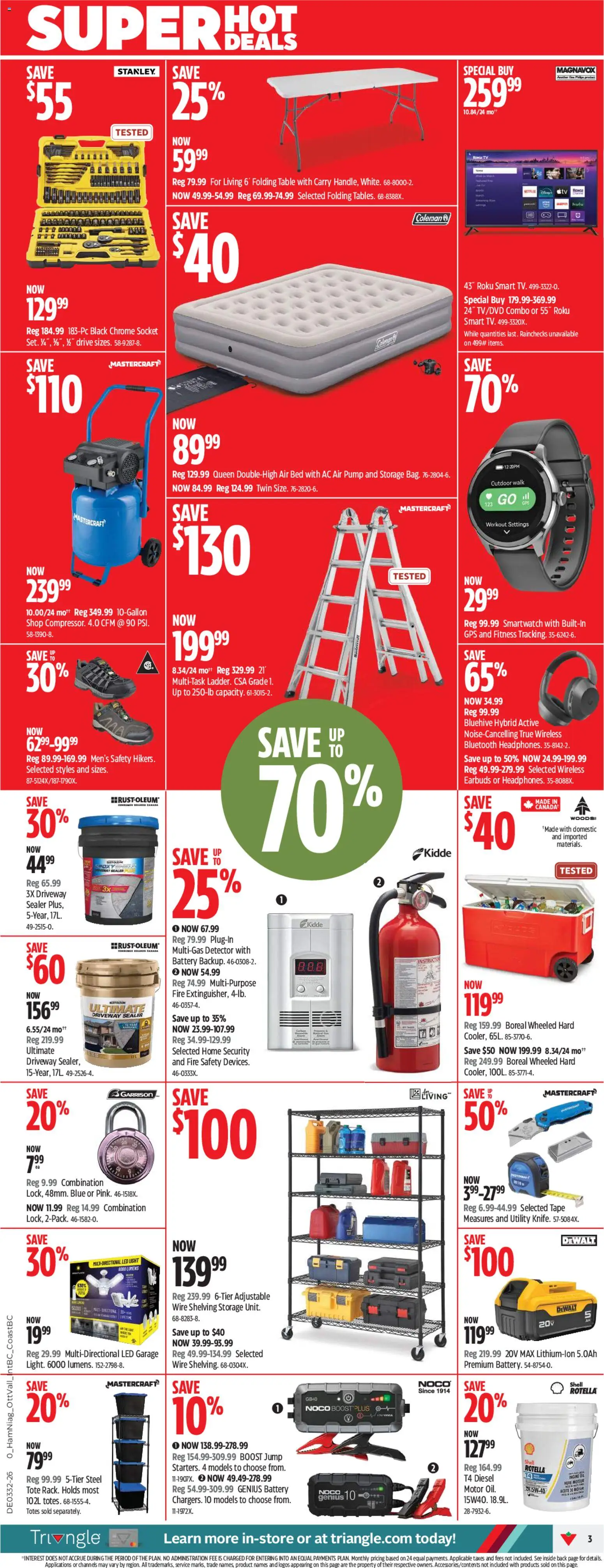 Canadian Tire flyer valid from Aug 6, 2026 | Page: 3 | Products: Tv, Bed, Table, Battery