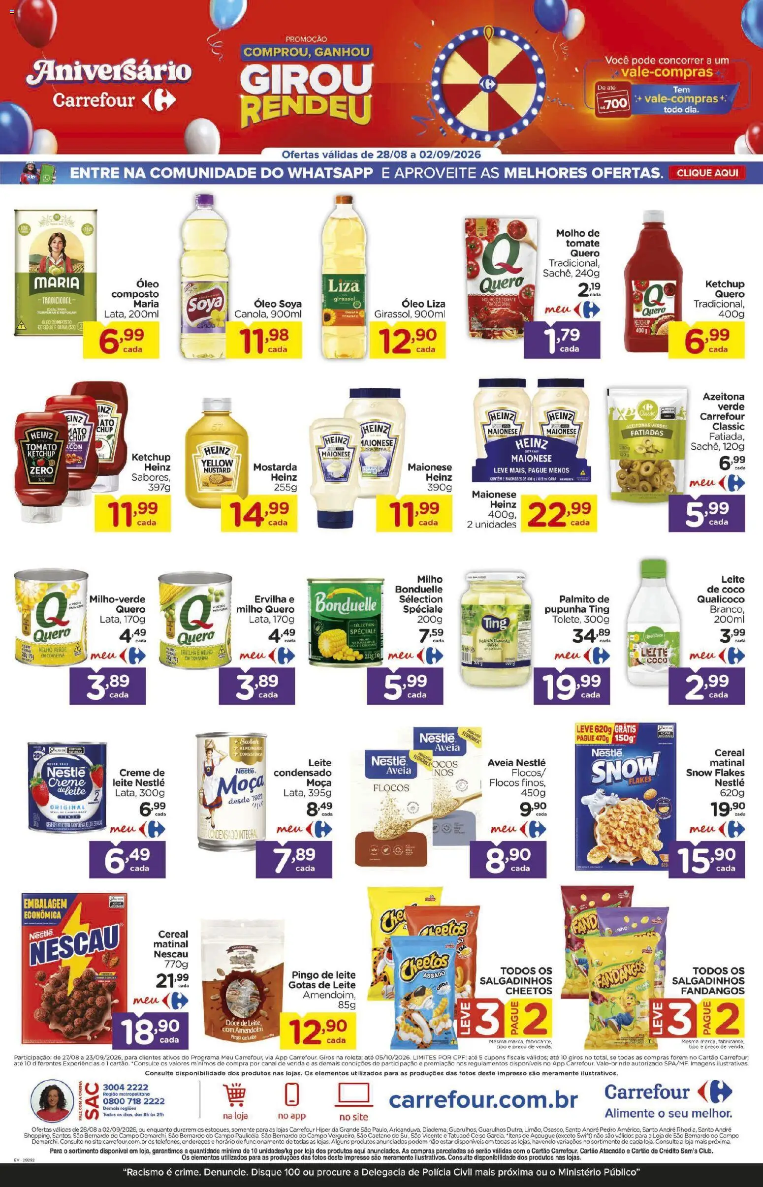 Carrefour Folheto - válido de 28/08/2026 | Página: 3 | Produtos: Molho de tomate, Óleo, Salgadinhos, Ketchup
