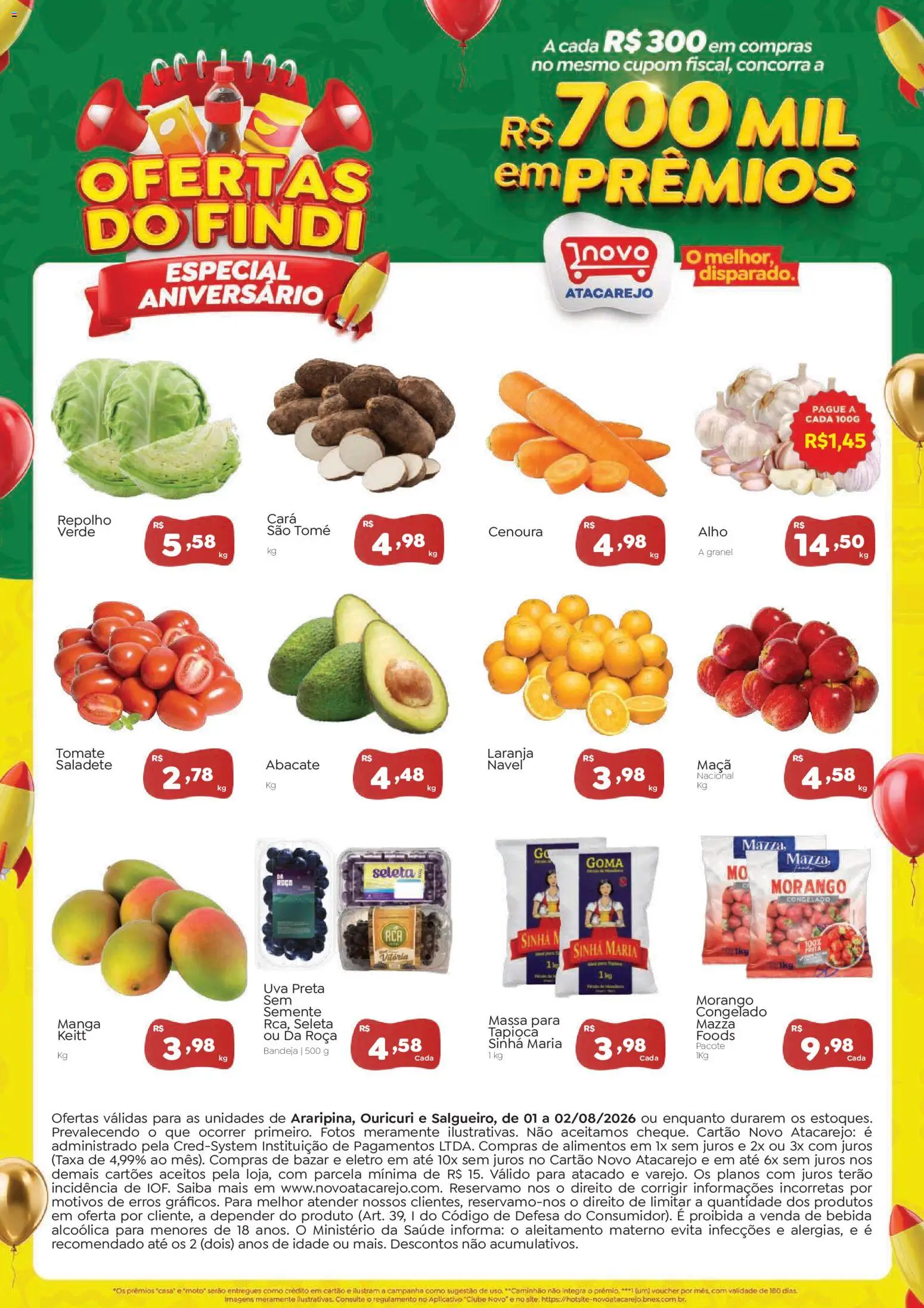 Novo Atacarejo Folheto - válido de 01/08/2026 | Página: 1 | Produtos: Alho, Tapioca, Massa, Cenoura