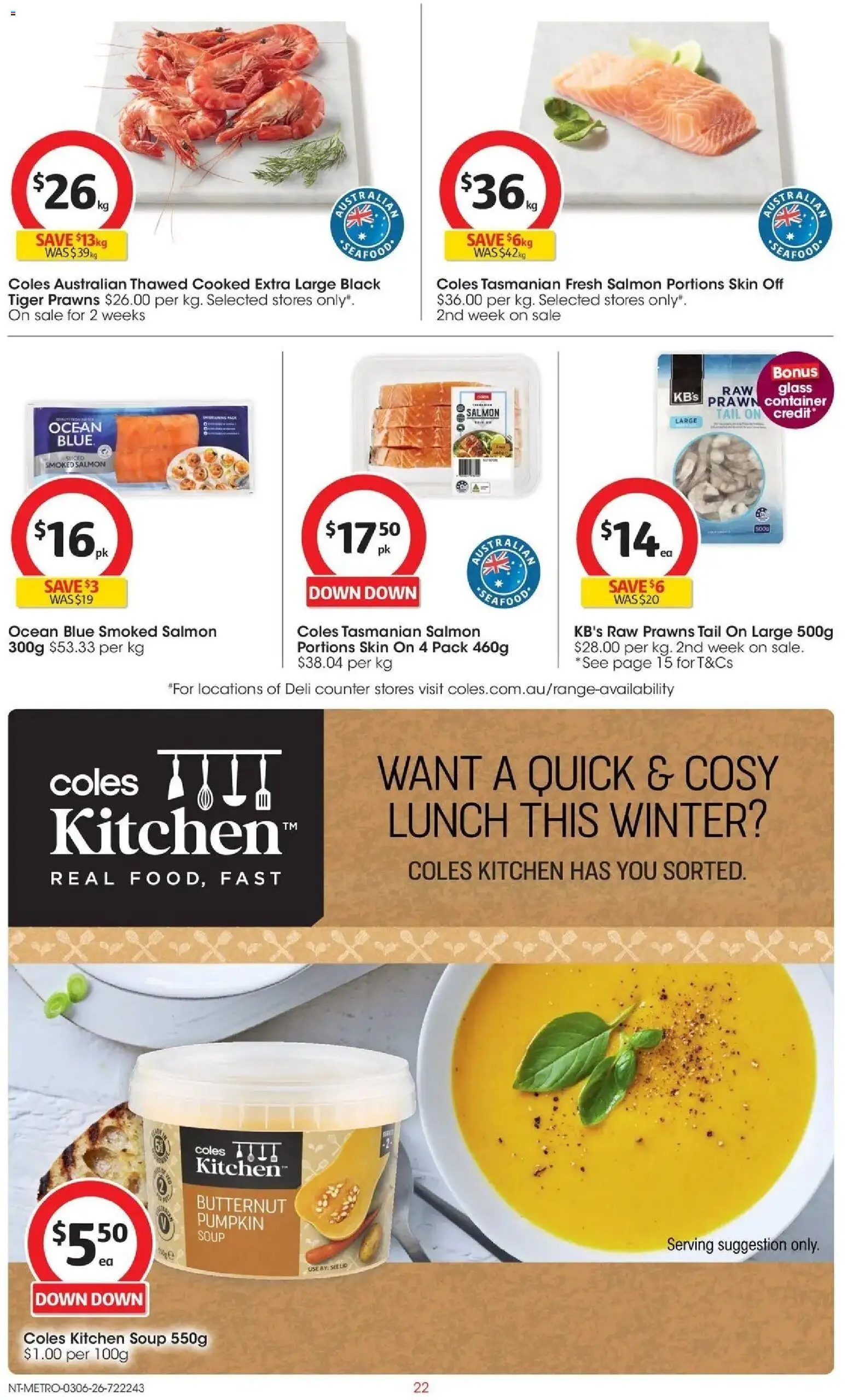 Coles catalogue - valid from 02.06.2026 | Page: 22 | Products: Prawns, Salmon, Soup, Pumpkin