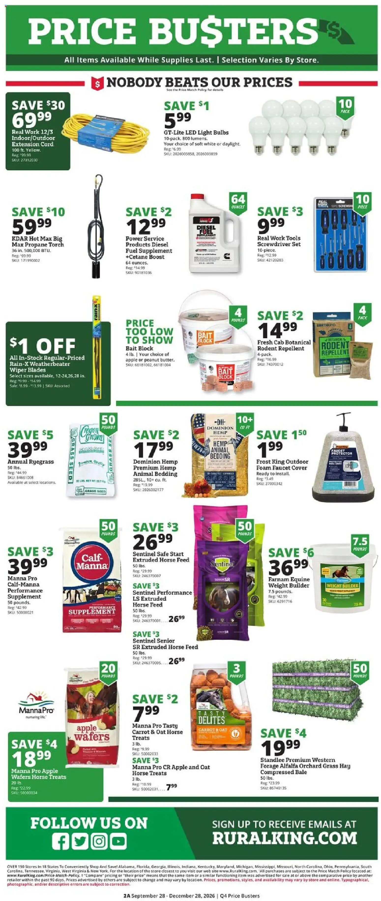 Rural King Ad - valid from 09/28/2026 | Page: 2 | Products: Bedding, Wafers, LED light, Tools