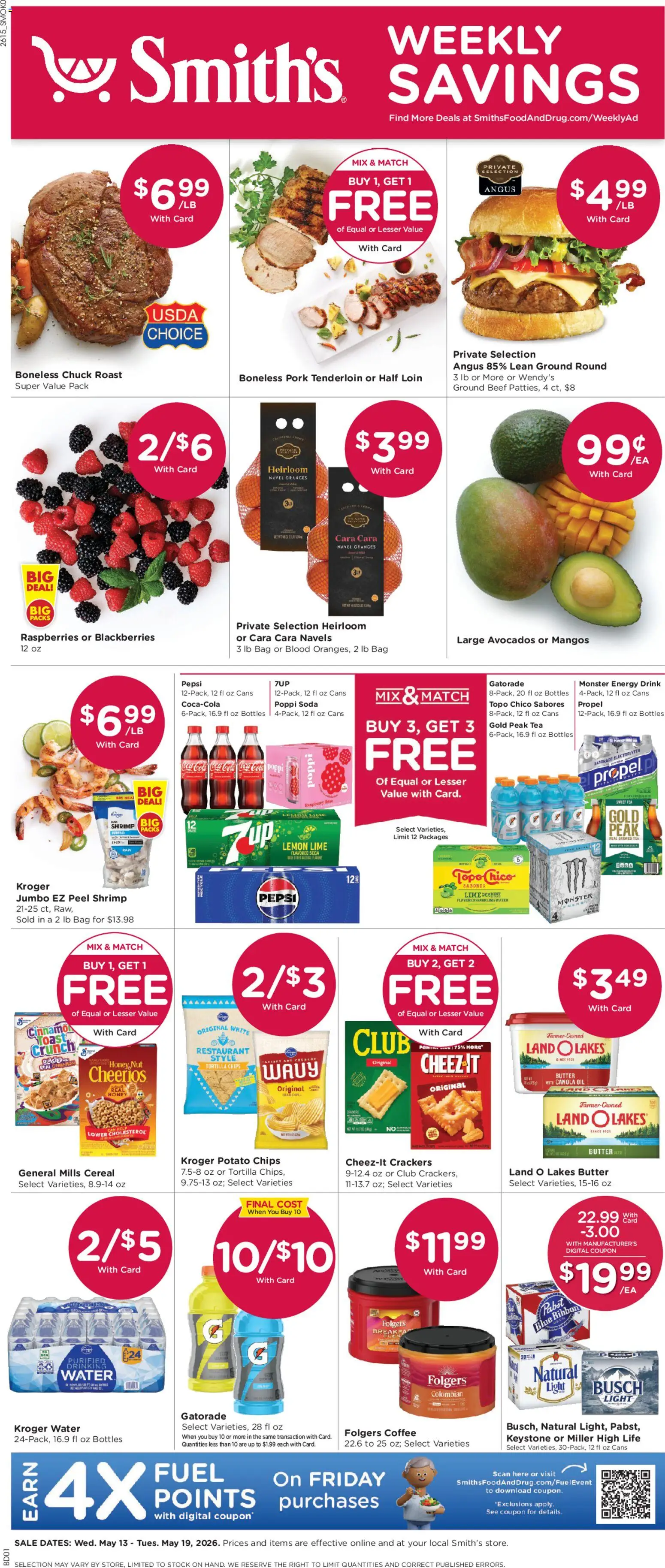 Smith's Weekly Ad - WY - valid from 13.05.2026 | Page: 1 | Products: Pork, Oranges, Beef, Raspberry