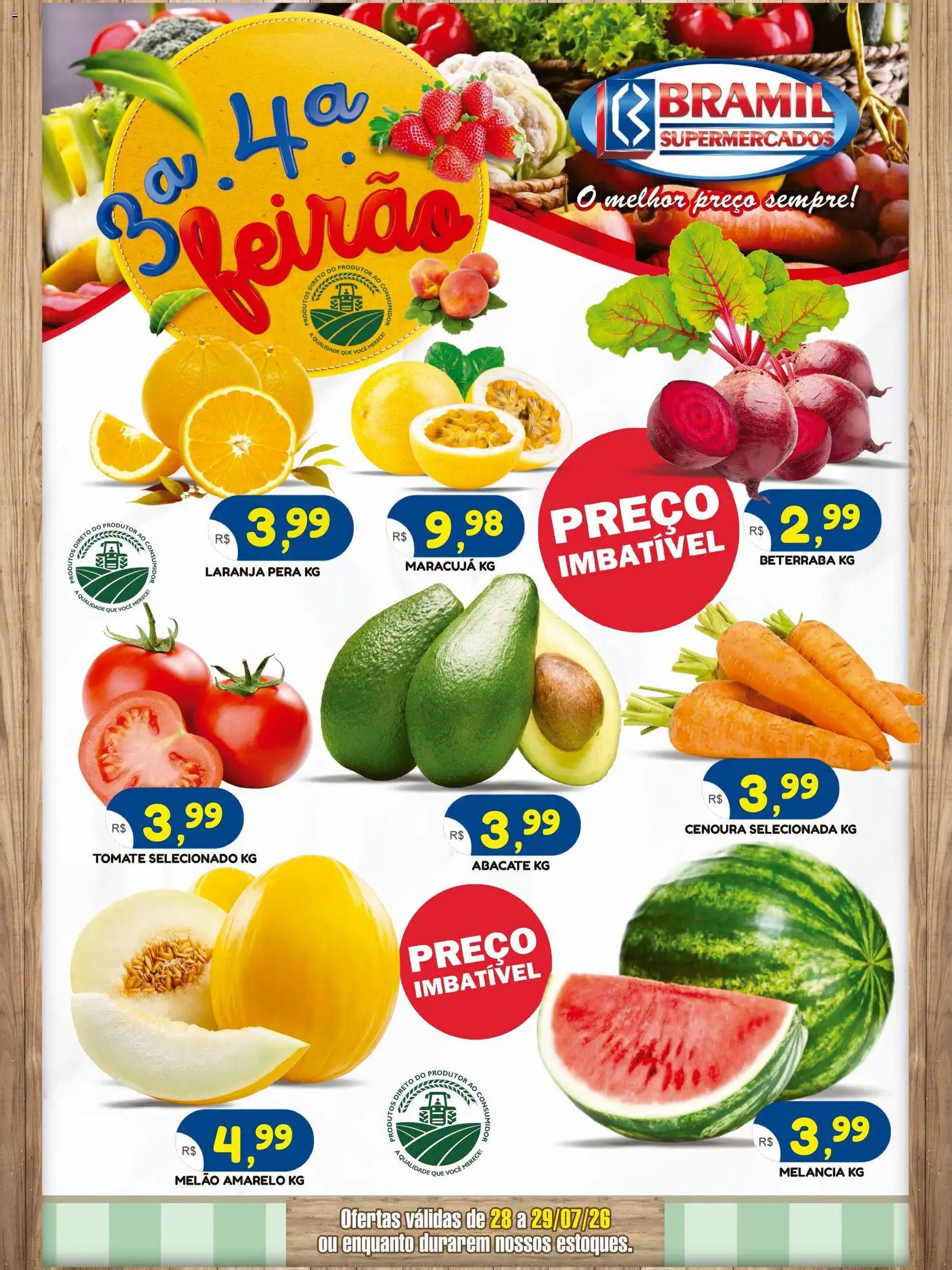 Bramil Supermercados Folheto - válido de 28/07/2026 | Página: 1 | Produtos: Maracujá, Melão, Pera, Beterraba