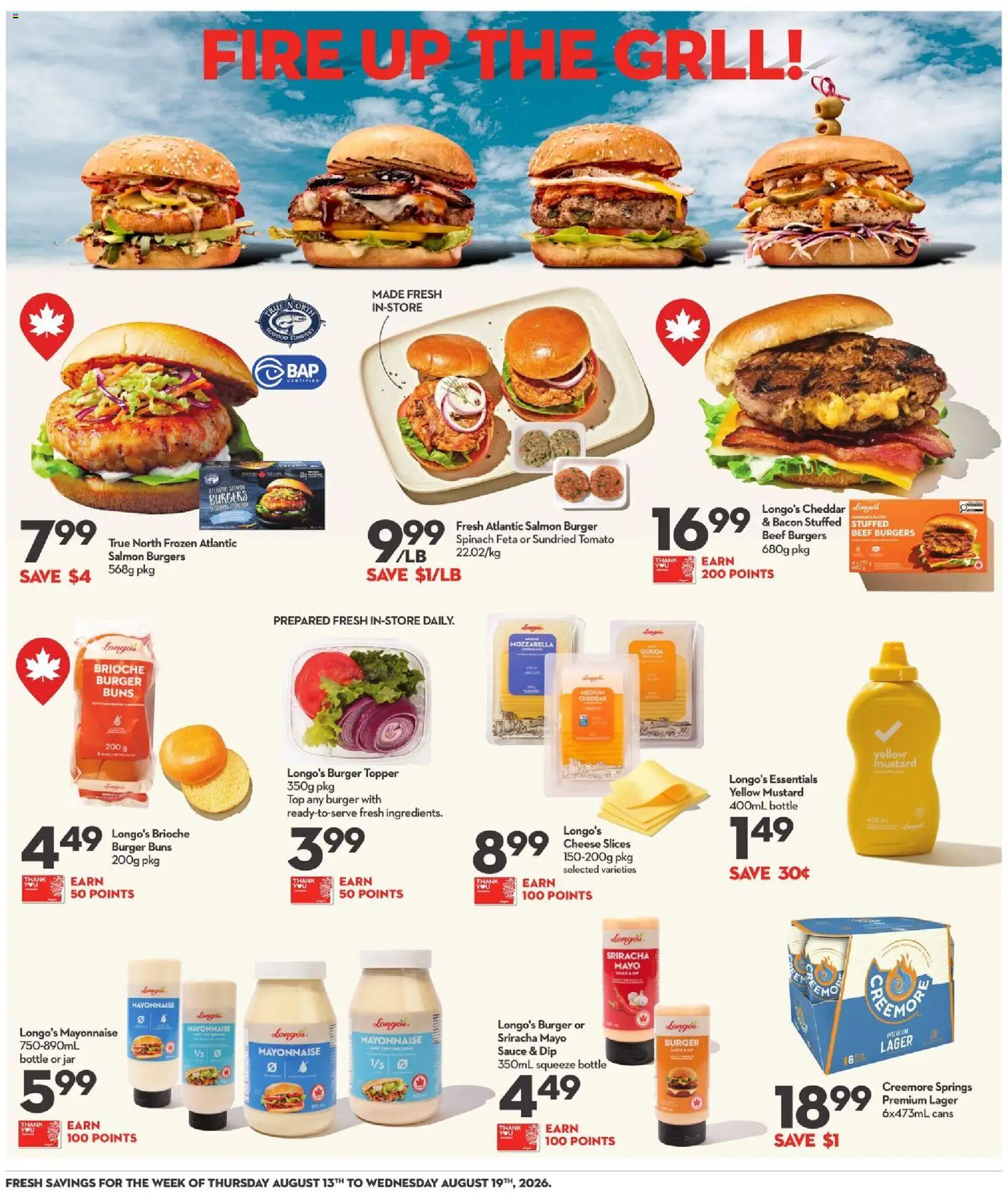 Longo's flyer valid from Aug 13, 2026 | Page: 9 | Products: Mozzarella, Mayonnaise, Burgers, Mustard