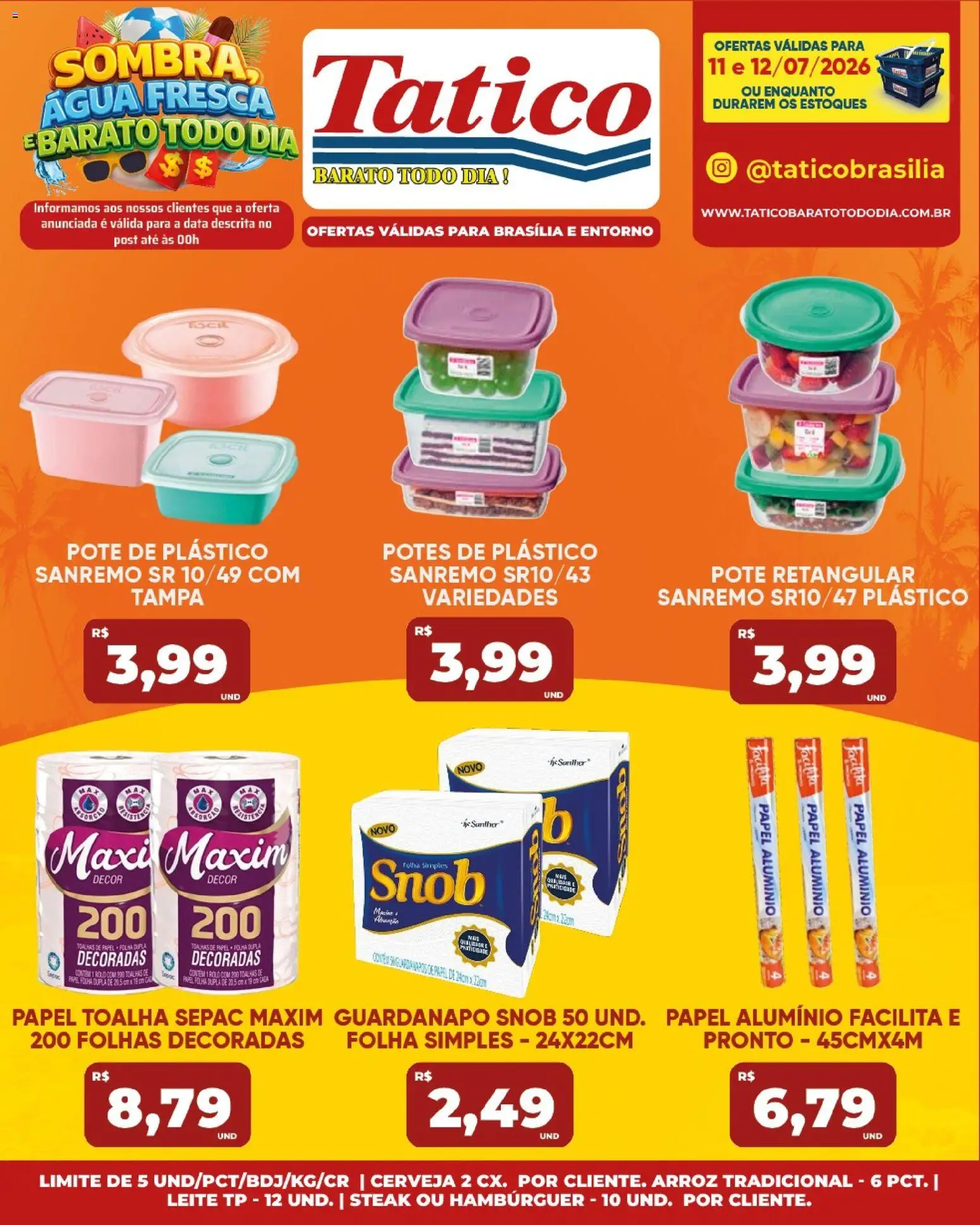 Tatico Folheto - válido de 11/07/2026 | Página: 19 | Produtos: Leite, Arroz, Hambúrguer, Guardanapo
