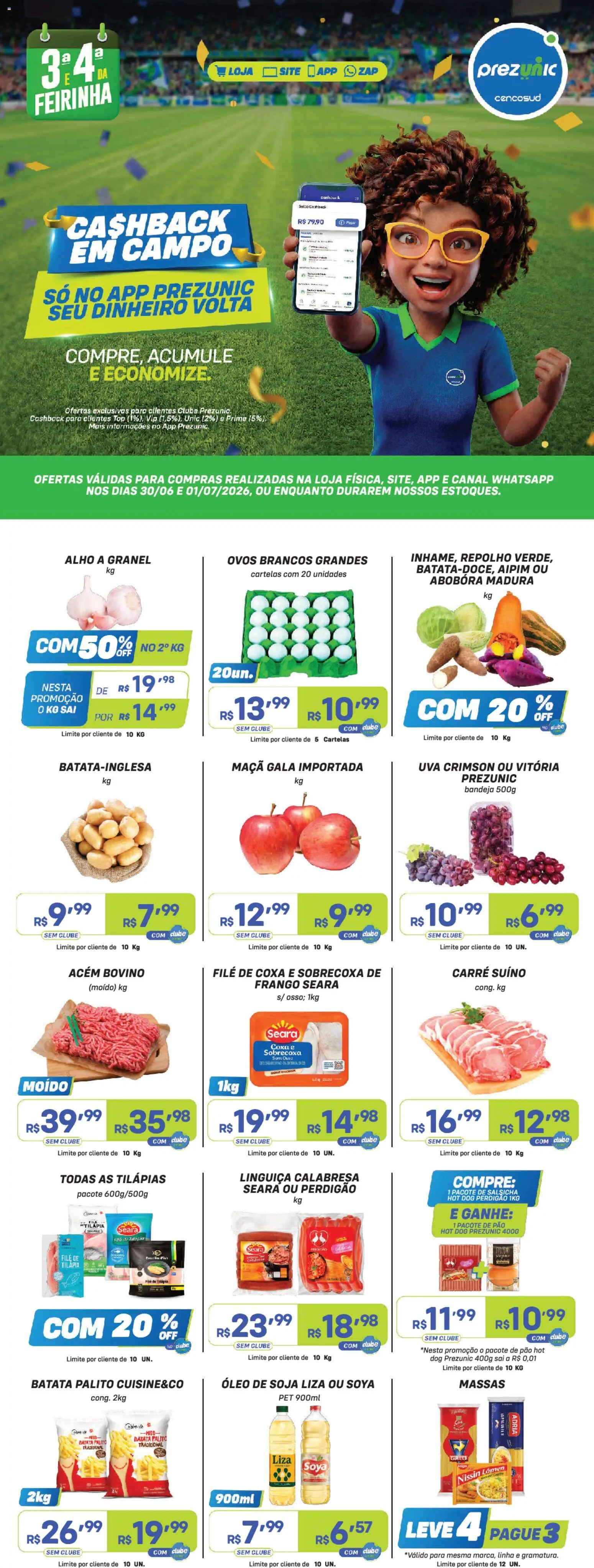 Prezunic Folheto - válido de 30/06/2026 | Página: 1 | Produtos: Linguiça, Pão, Bandeja, Soja
