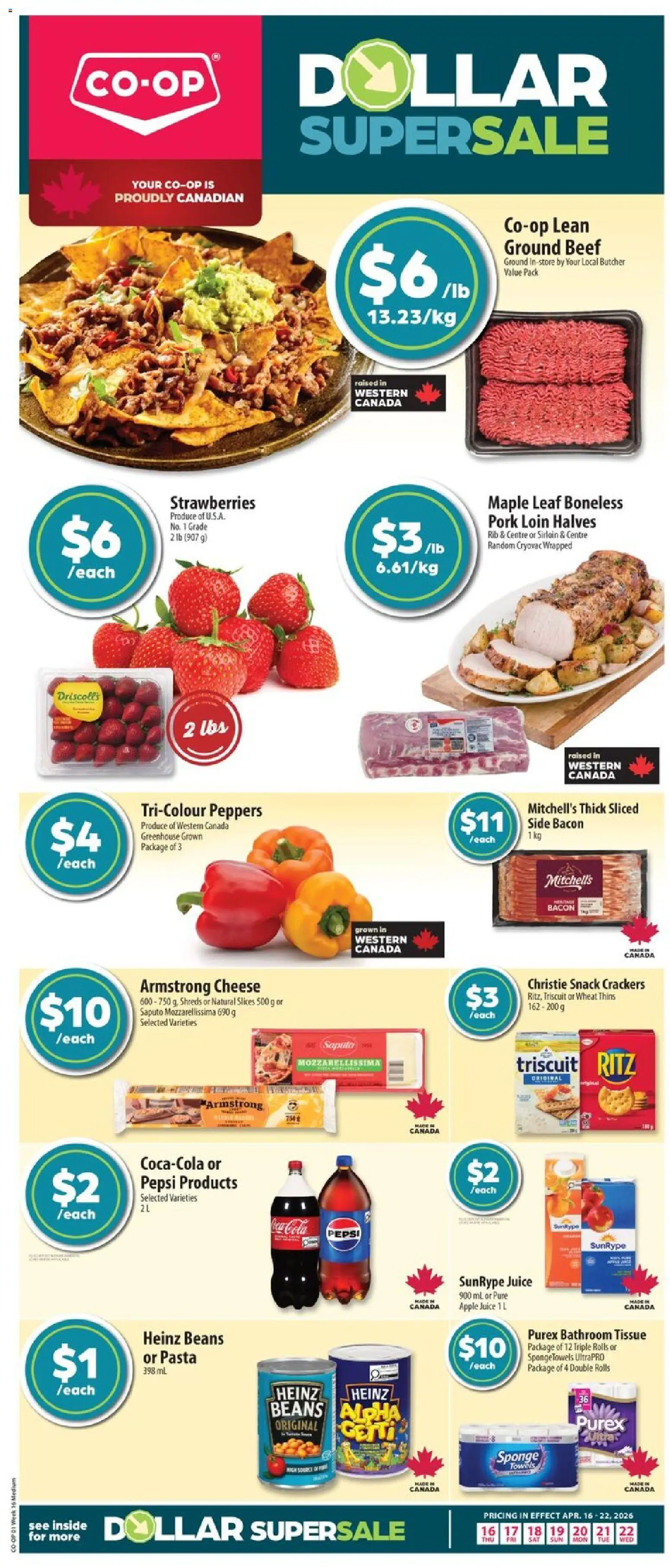 Co-op Food flyer valid from 16.04.2026 | Page: 1 | Products: Strawberries, Pasta, Juice, Pork