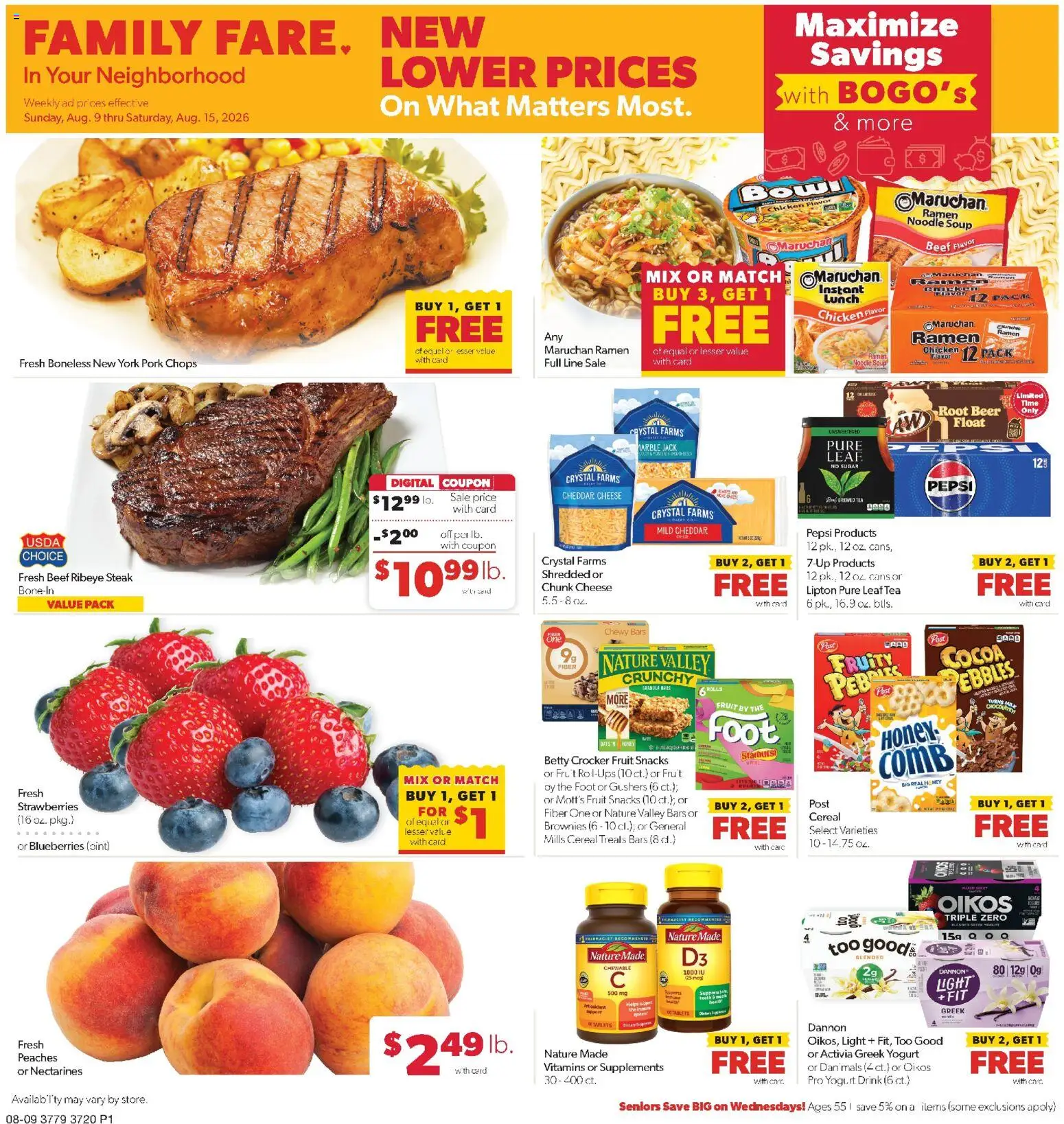 Family Fare Weekly Ad - NE - valid from 08/09/2026 | Page: 1 | Products: Nectarines, Yogurt, Pork, Fruit