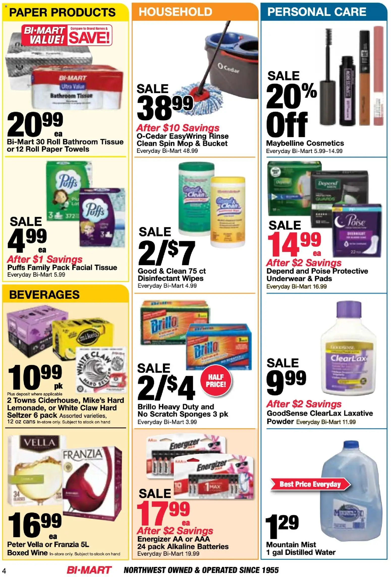 Bi-Mart Membership Savings Book - valid from 07/28/2026 | Page: 4 | Products: Powder, Wine, Underwear, Water