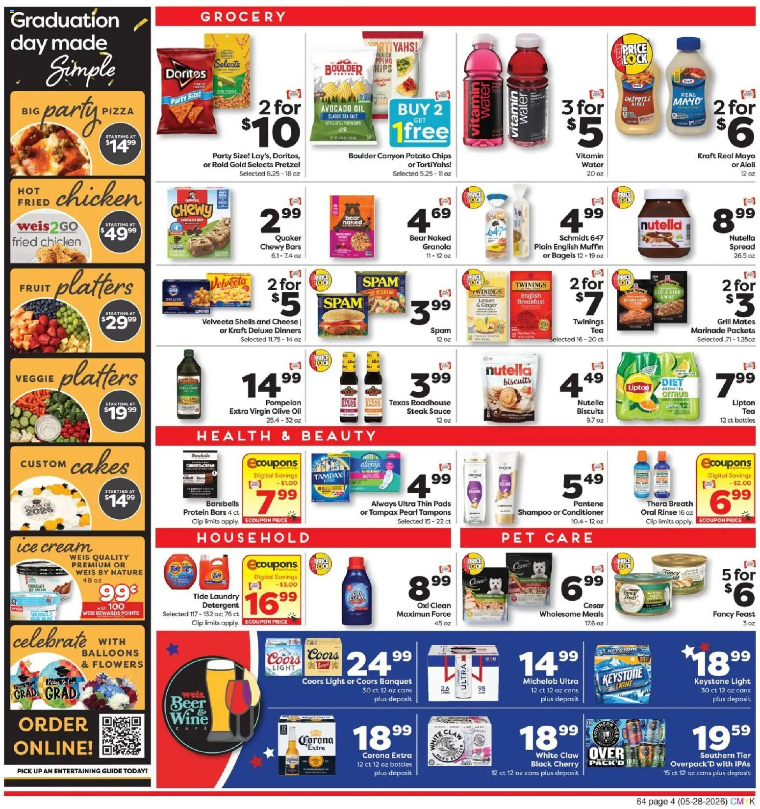 Weis Weekly Ad - valid from 28.05.2026 | Page: 4 | Products: Beer, Detergent, Tampons, Garlic