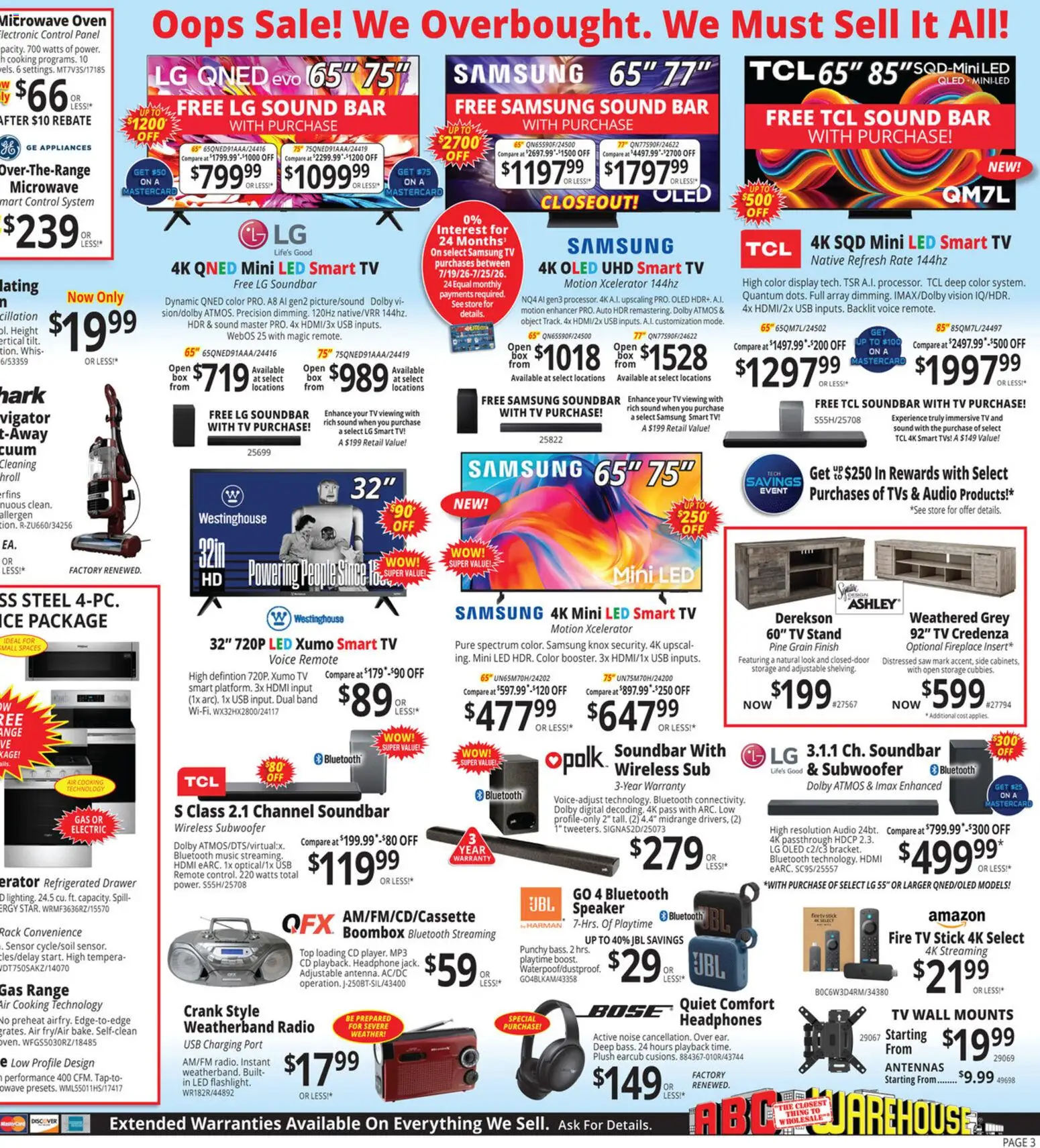 ABC Warehouse Weekly Ad - valid from 07/19/2026 | Page: 3 | Products: Subwoofer, Audio, Sound Bar, Headphones