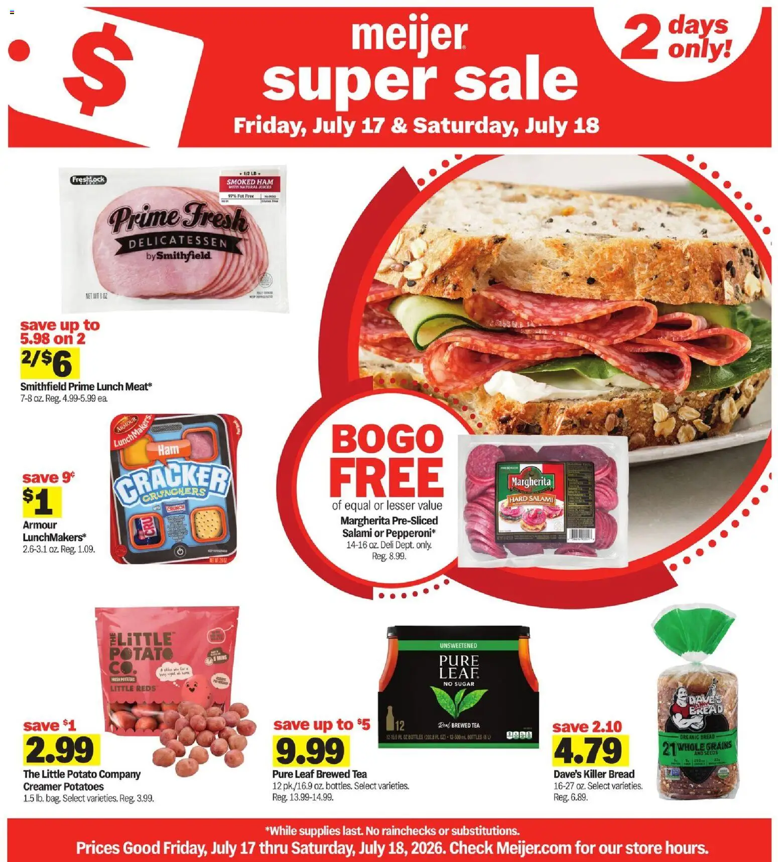 Meijer Super Sale - valid from 07/17/2026 | Page: 1 | Products: Bread, Salami, Ham, Sugar
