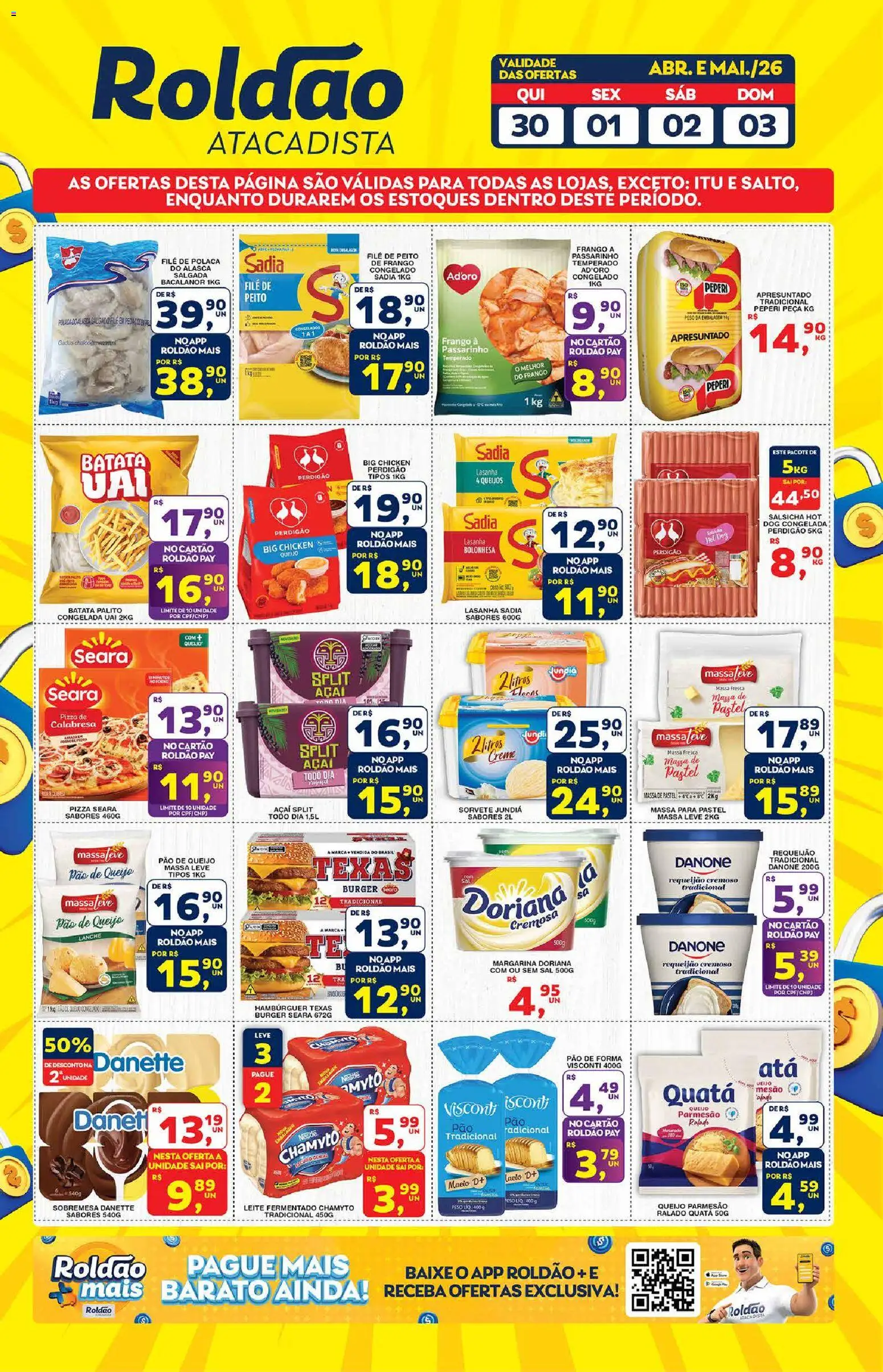 Roldão Folheto - válido de 30.04.2026 | Página: 3 | Produtos: Leite, Hambúrguer, Lasanha, Sorvete