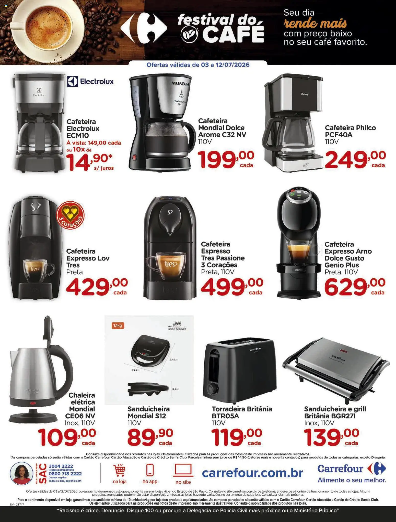 Carrefour Folheto - válido de 03/07/2026 | Página: 8 | Produtos: Chaleira, Chaleira elétrica, Sanduicheira, Cafeteira