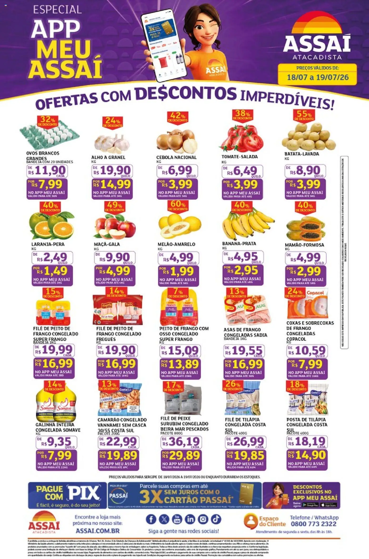 Assaí Atacadista Folheto - válido de 18/07/2026 | Página: 1 | Produtos: Alho, Cebola, Telefone, Filé de tilápia