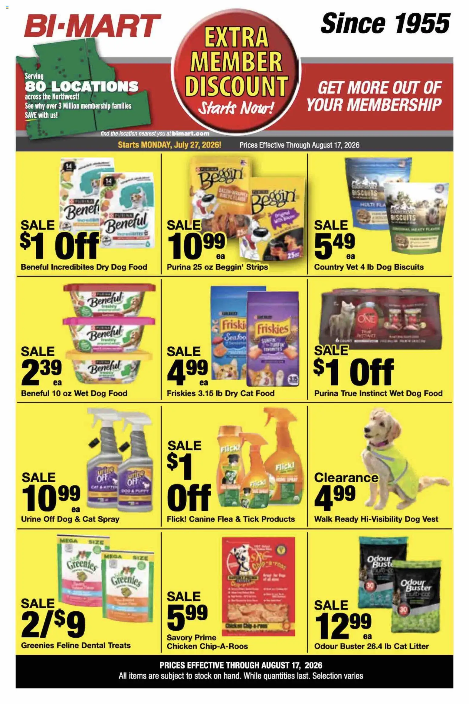 Bi-Mart Extra Member Discount - valid from 07/27/2026 | Page: 17 | Products: Dog Food, Cat Food, Cat Litter, Vest