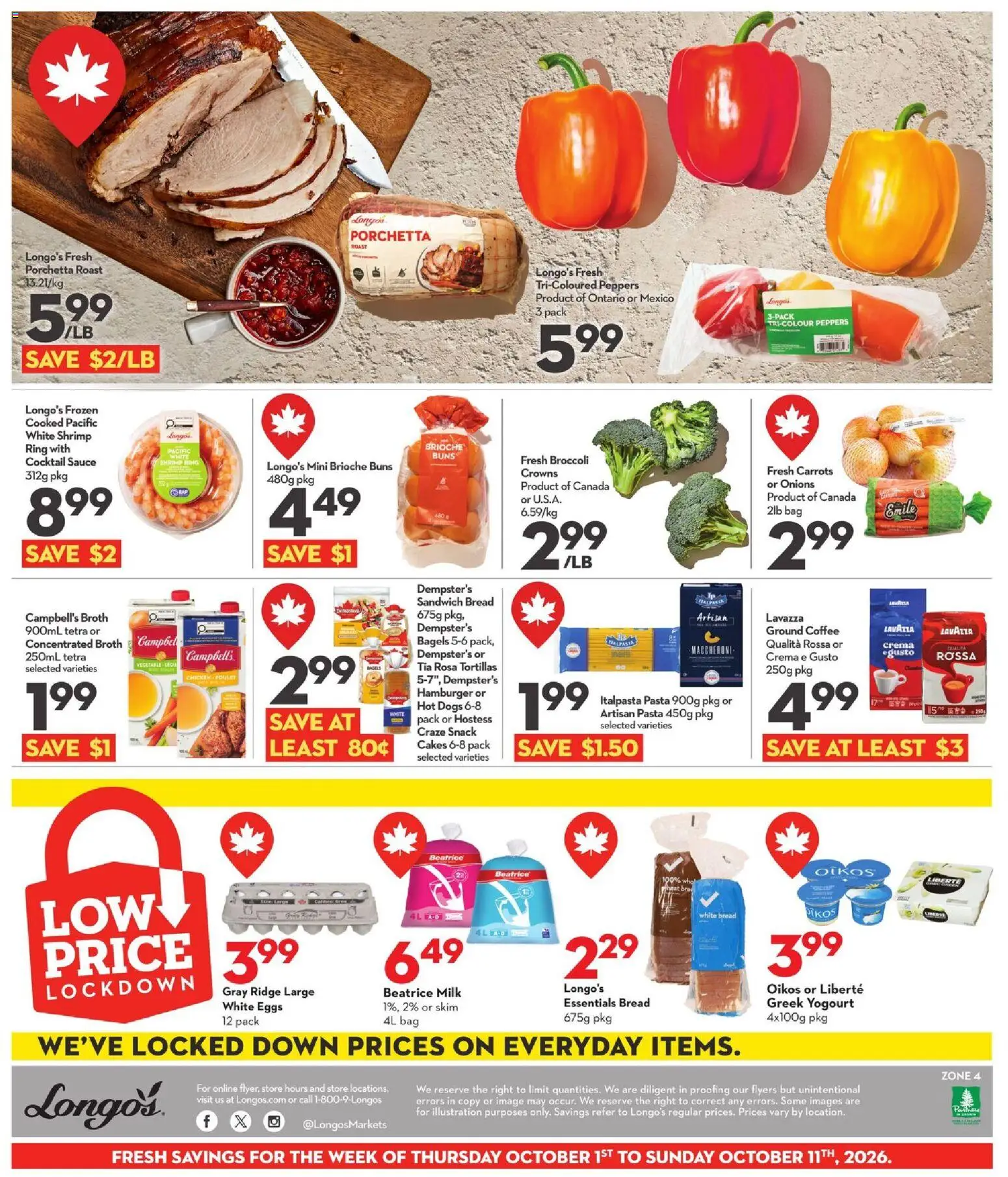 Longo's flyer valid from Oct 1, 2026 | Page: 3 | Products: Bag, Tortillas, Broth, Bra