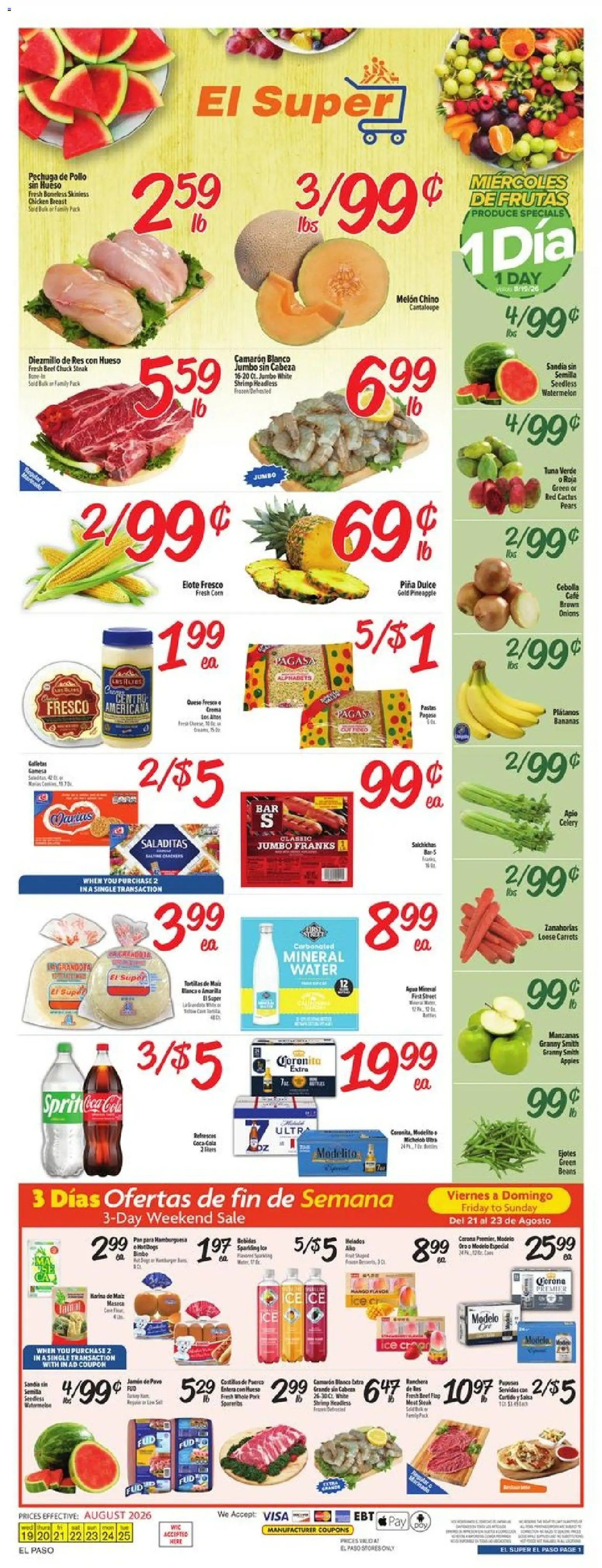 El Super Weekly Ad - TX - valid from 08/19/2026 | Page: 1 | Products: Apples, Bananas, Watermelon, Celery