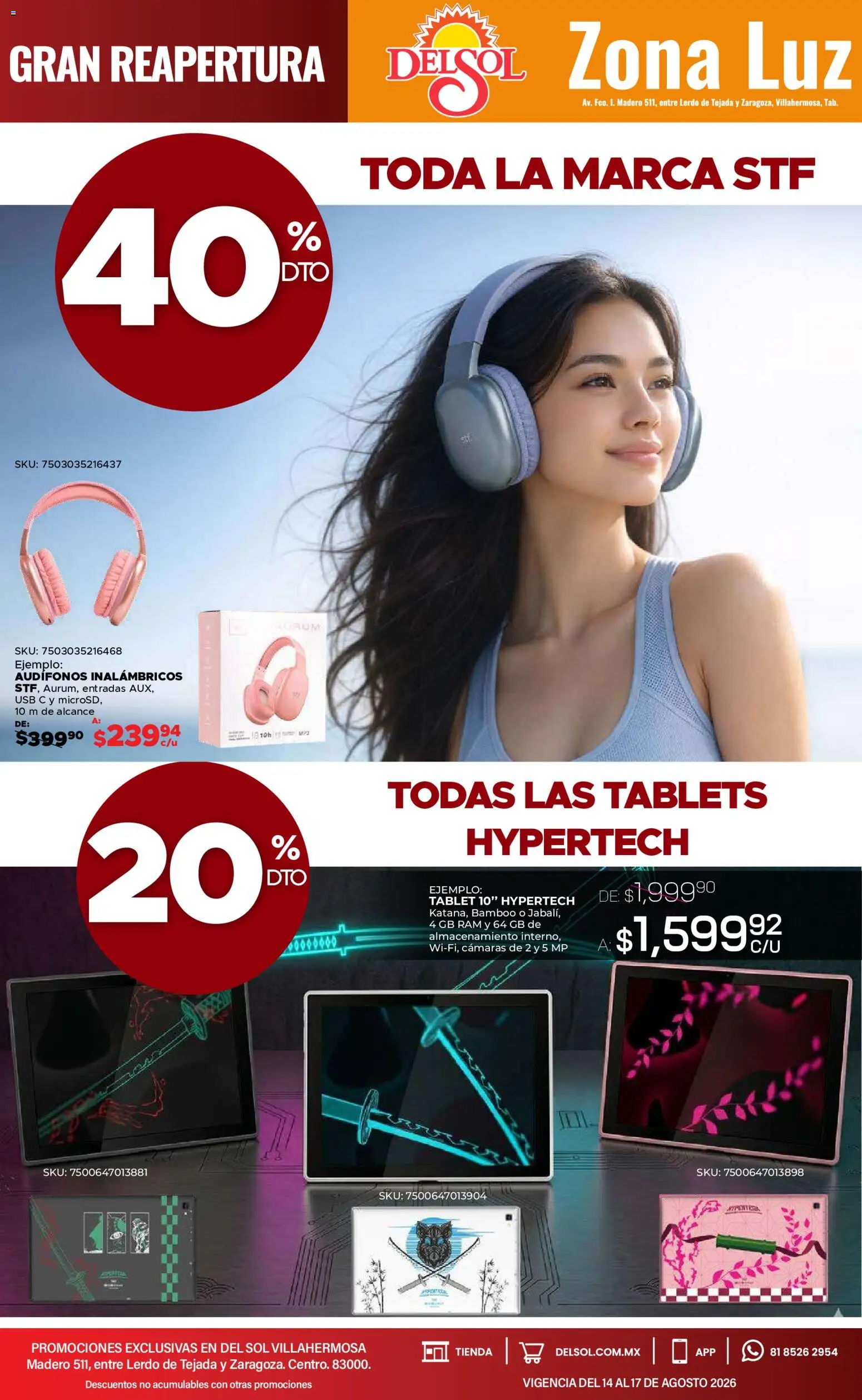 Nuevas ofertas de Del Sol y Woolworth válidas en toda la República Mexicana desde el 14/08/2026. ¡Encuentra las mejores ofertas en Del Sol y Woolworth katalog 4 Días de Grandes Promociones! | Página: 13 | Productos: Usb, Tablet, Audífonos, Audífonos inalámbricos