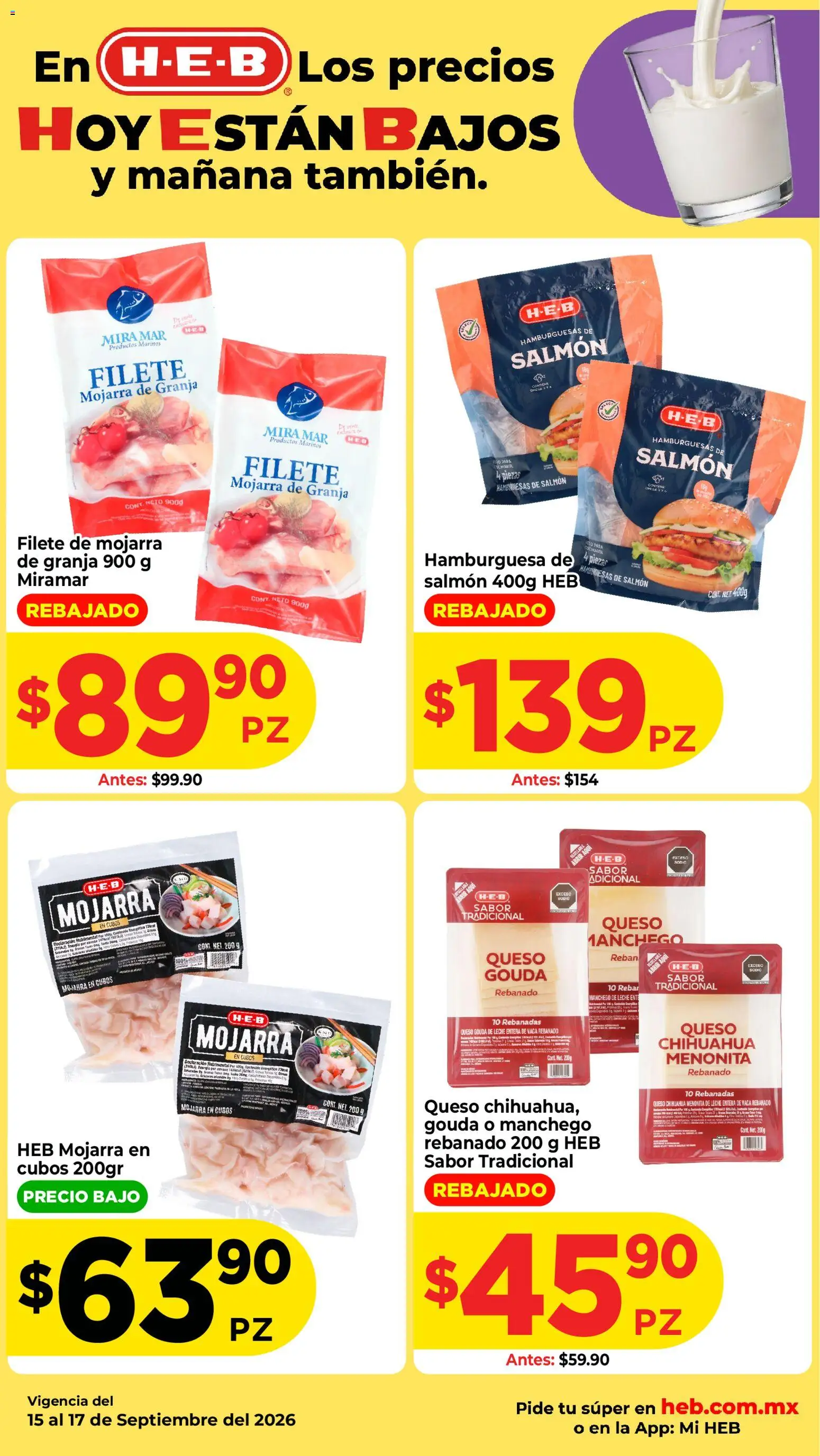 Nuevas ofertas de H-E-B válidas en toda la República Mexicana desde el 15/09/2026. ¡Encuentra las mejores ofertas en H-E-B folleto Los precios hoy están bajos! | Página: 4 | Productos: Salmón, Leche entera, Queso Gouda, Hamburguesa