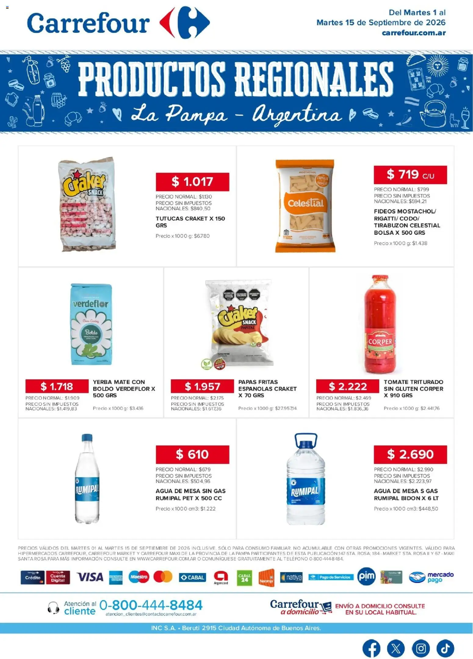 Carrefour - Regionales | La Pampa │ válido desde el 01/09/2026 | Página: 1 | Productos: Teléfono, Bolsa, Fideos, Papas fritas