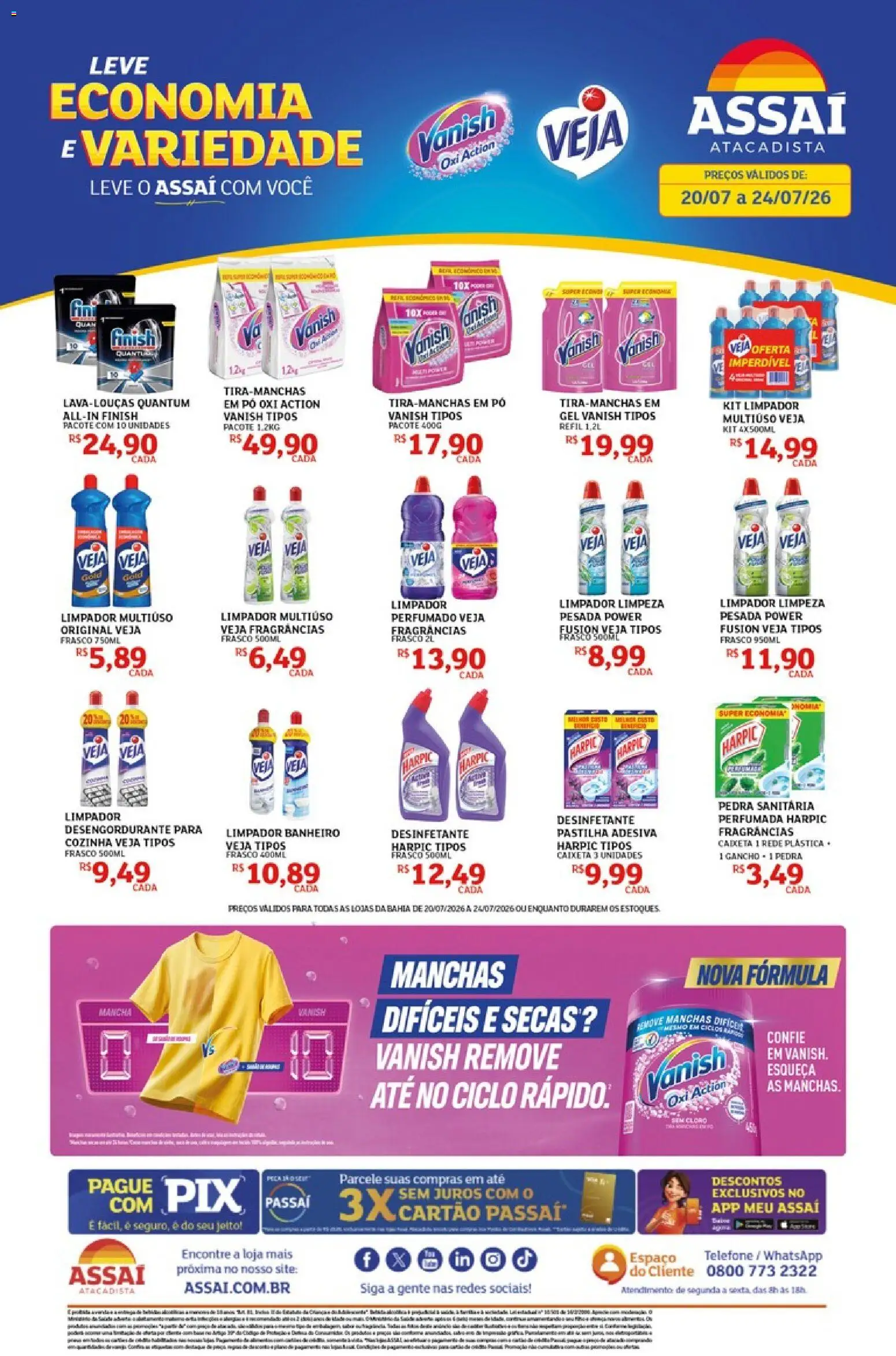 Assaí Atacadista Folheto - válido de 20/07/2026 | Página: 1 | Produtos: Pedra sanitária, Telefone, Vanish, Desinfetante