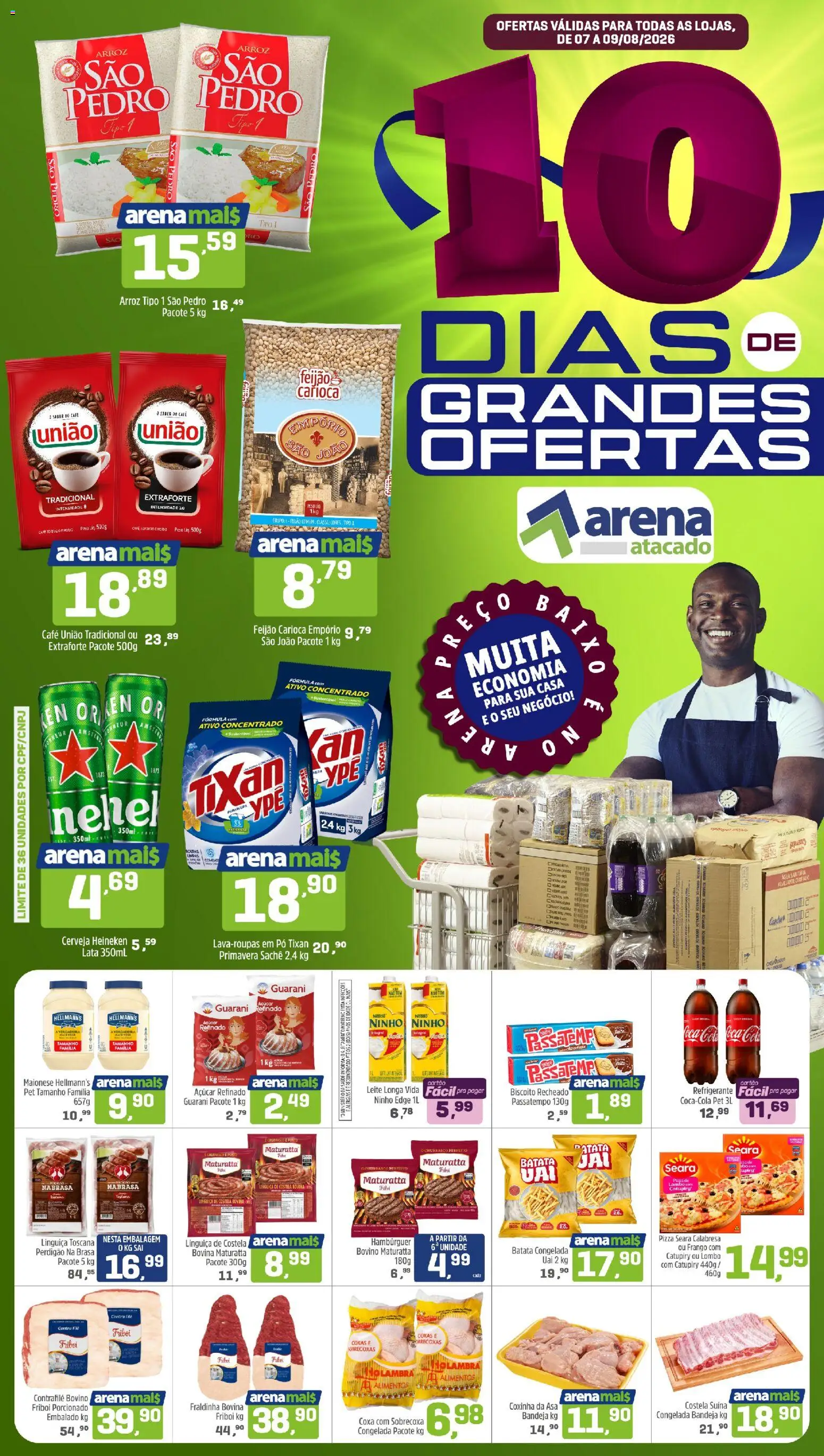 Arena Atacado Folheto - válido de 07/08/2026 | Página: 1 | Produtos: Feijão, Fraldinha, Lombo, Açúcar