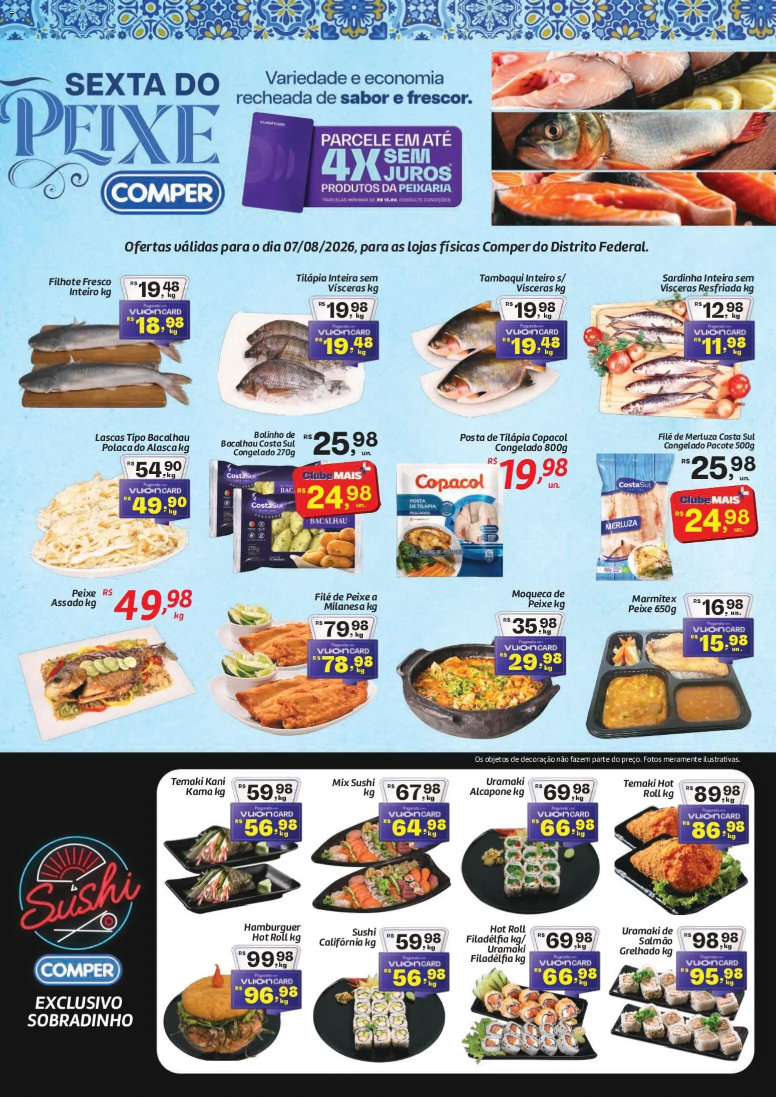 Comper Folheto - válido de 07/08/2026 | Página: 1 | Produtos: Bacalhau, Sushi, Hambúrguer, Sardinha
