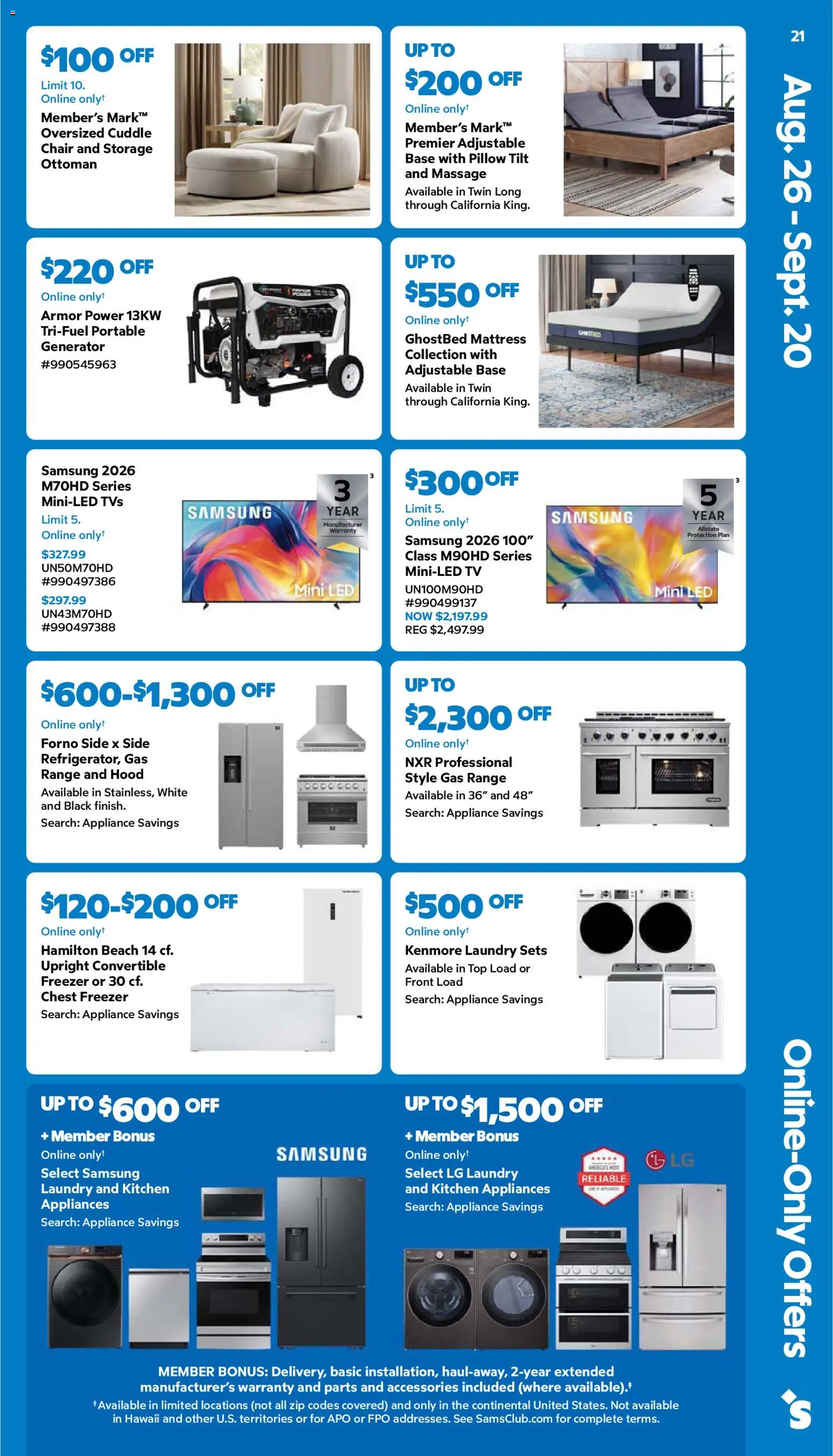 Sam's Club Weekly Ad - valid from 08/26/2026 | Page: 21 | Products: Mattress, Ottoman, Tv, Freezer