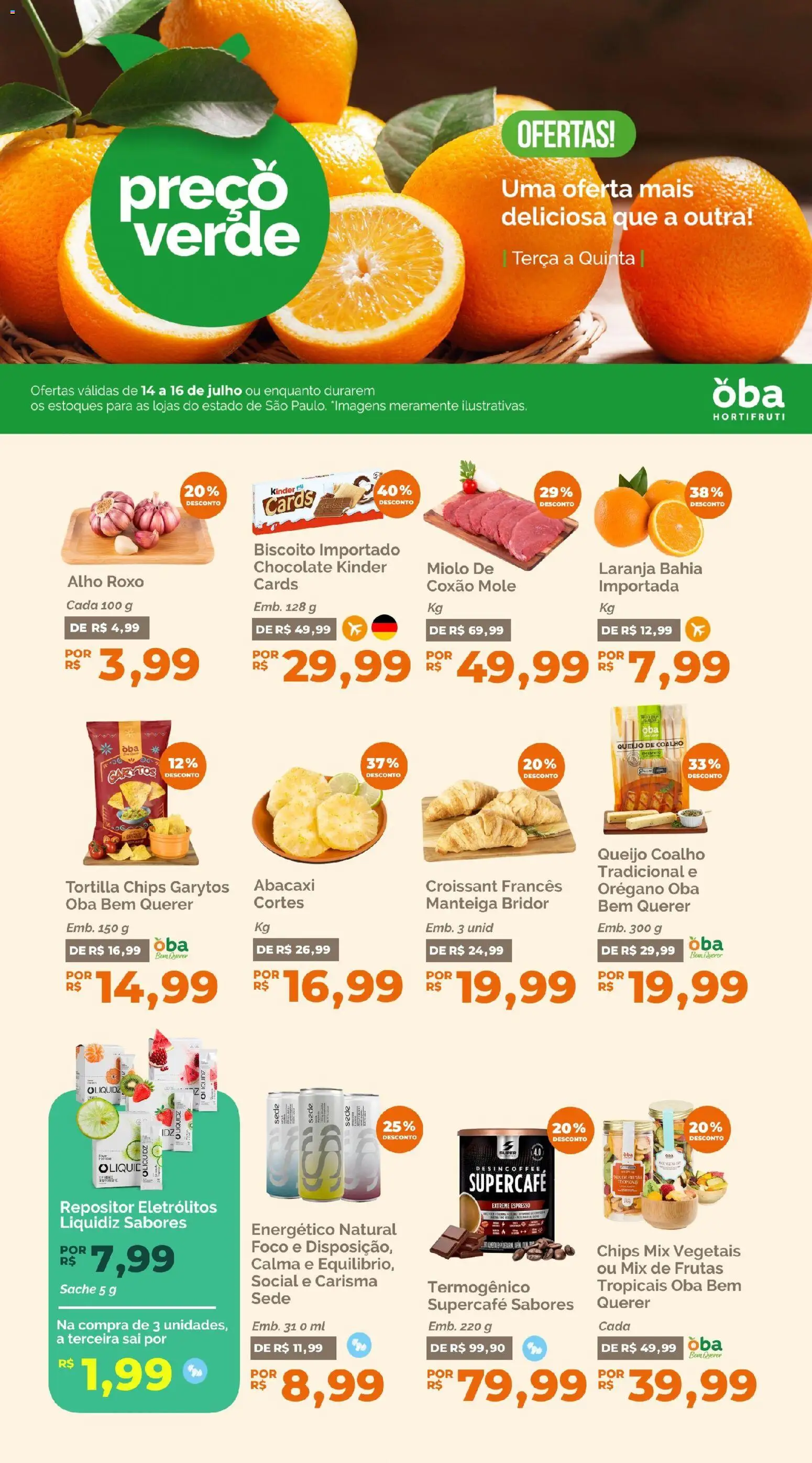 Oba Hortifruti Folheto - válido de 14/07/2026 | Página: 1 | Produtos: Termogênico, Manteiga, Chocolate, Abacaxi