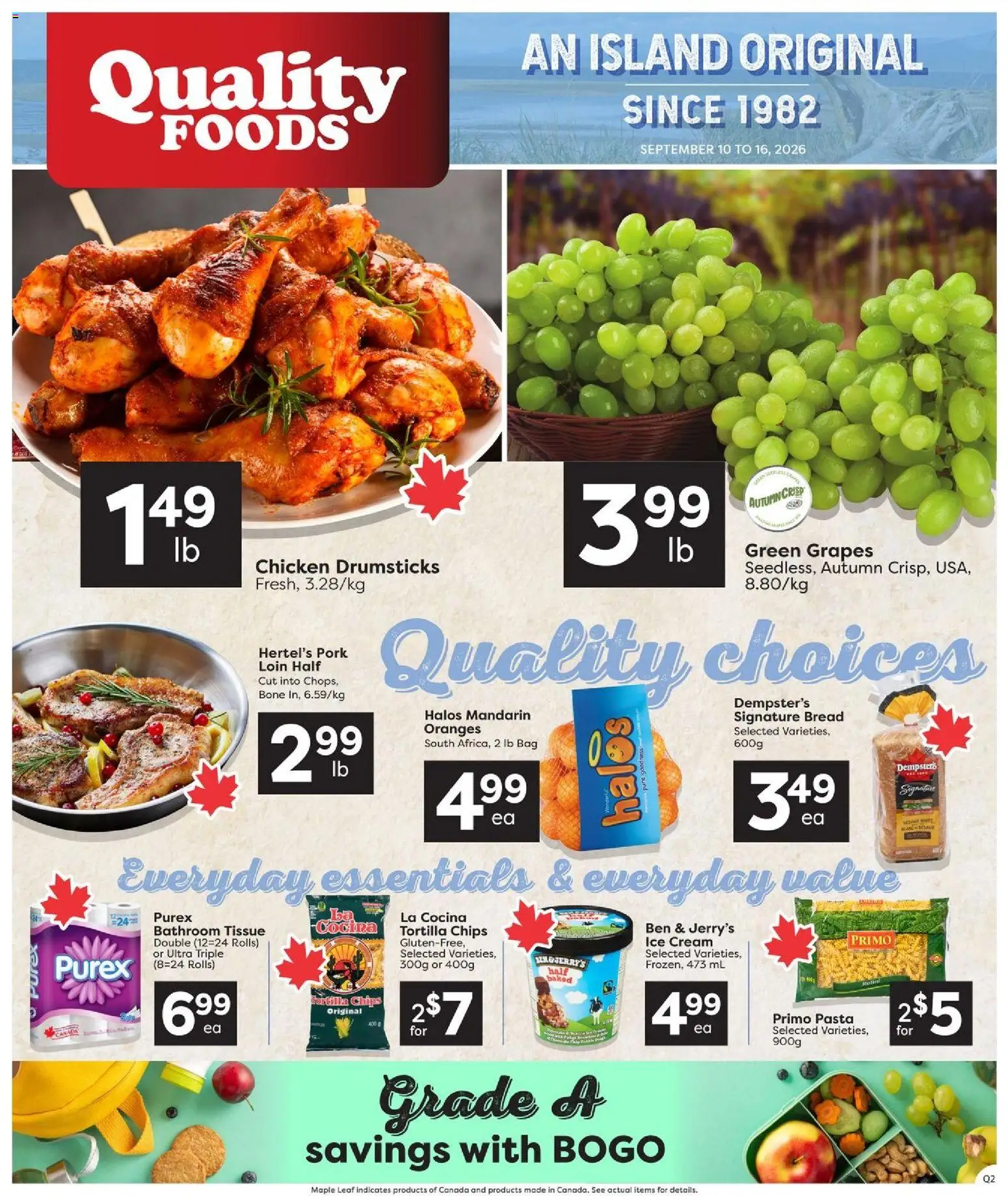 Quality Foods flyer valid from Sep 10, 2026 | Page: 1 | Products: Chips, Chicken drumsticks, Sesame, Grapes