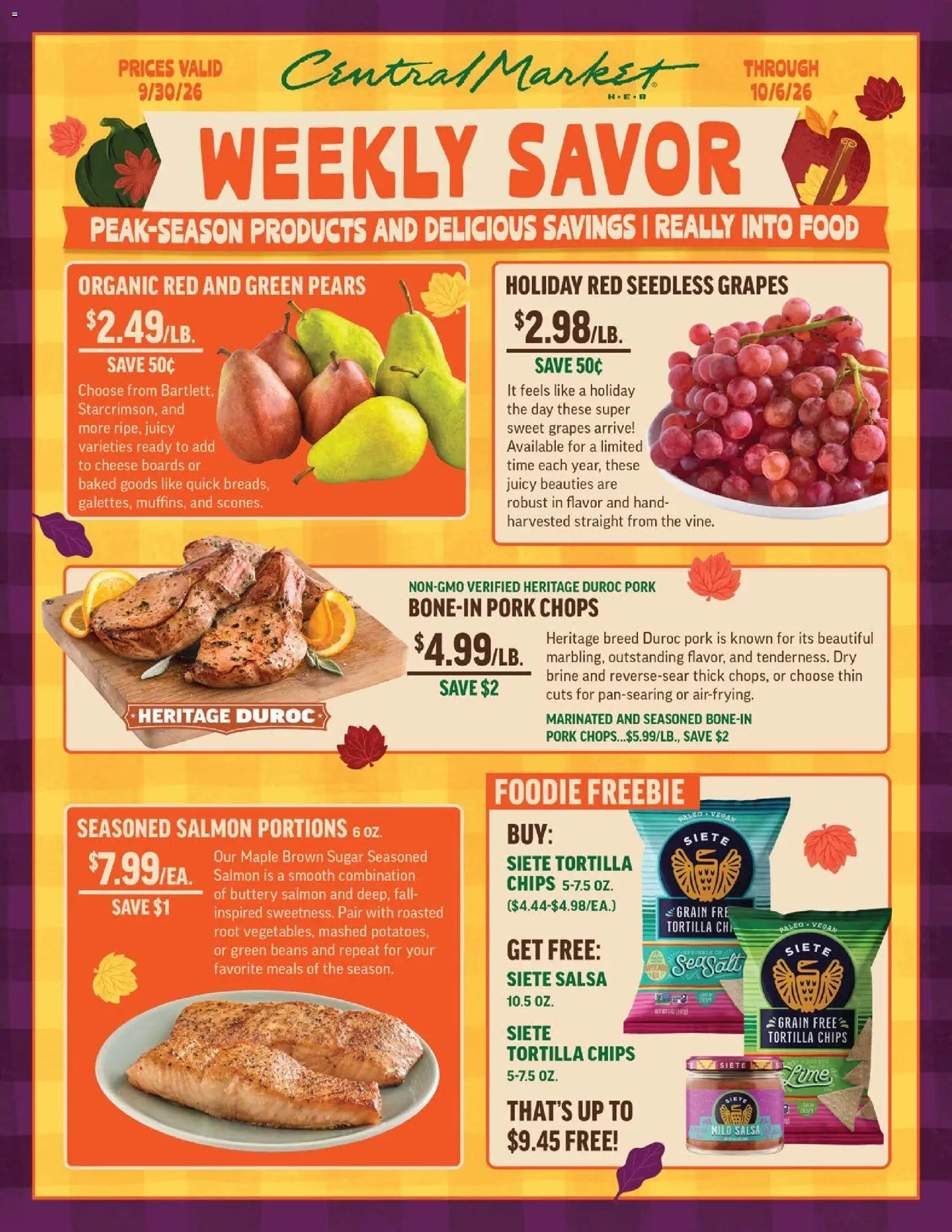 Central Market Weekly Ad - valid from 09/30/2026 | Page: 1 | Products: Pork, Chips, Sugar, Seedless grapes