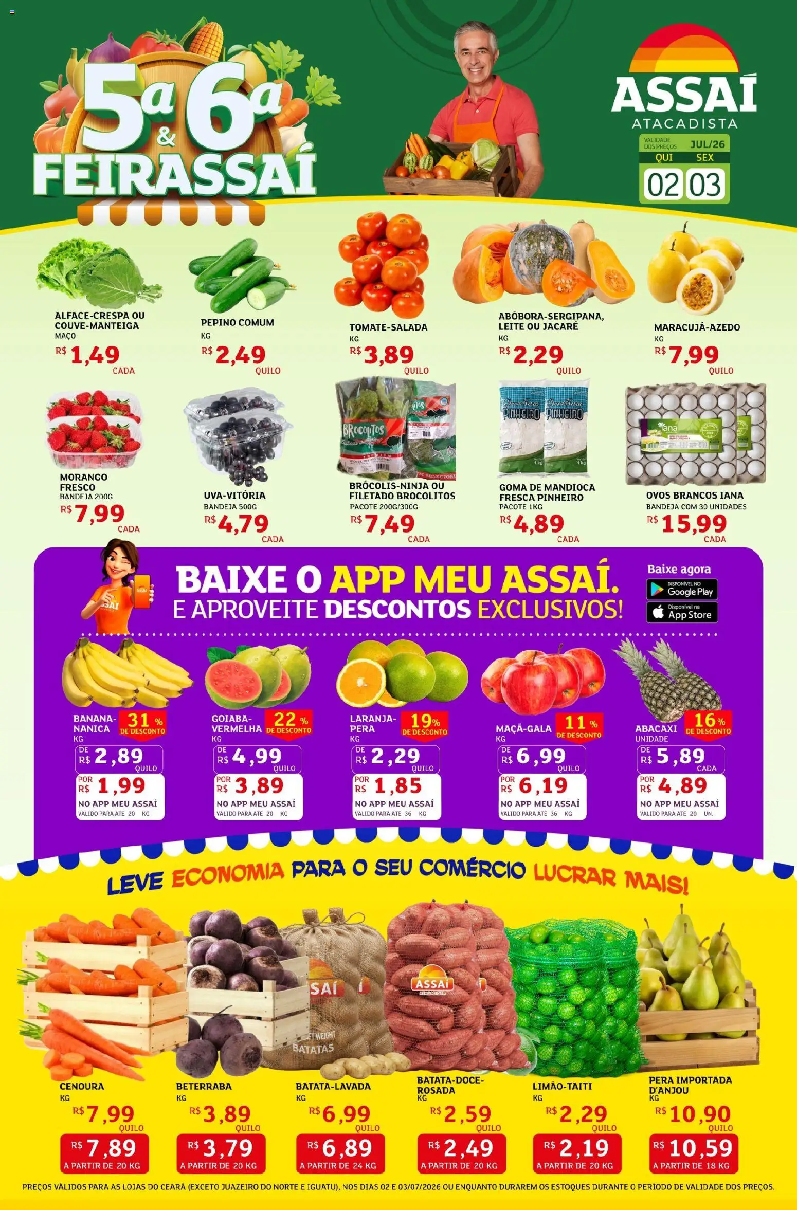 Assaí Atacadista Folheto - válido de 02/07/2026 | Página: 1 | Produtos: Pera, Leite, Abacaxi, Bandeja