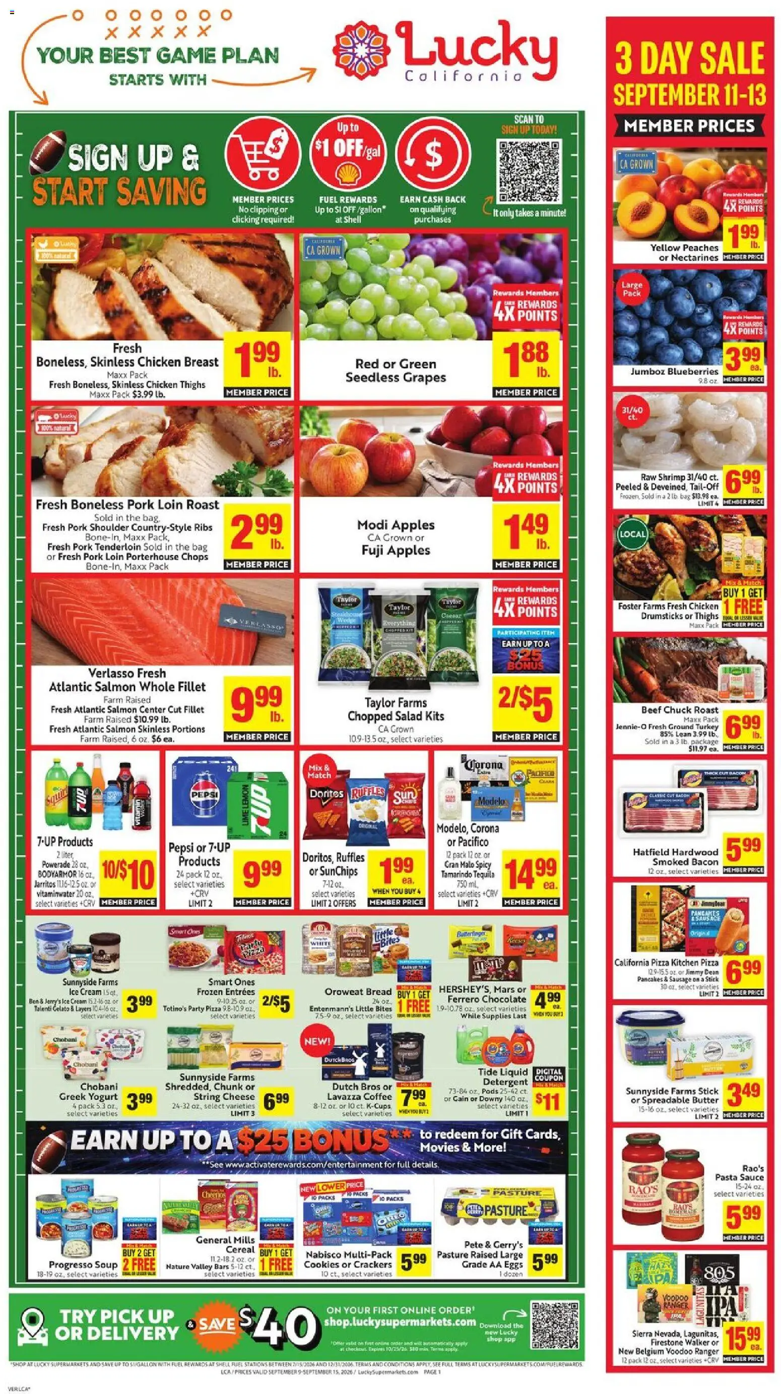 Lucky Supermarkets Weekly Ad - valid from 09/09/2026 | Page: 1 | Products: Pork loin, Apples, Bacon, Salmon