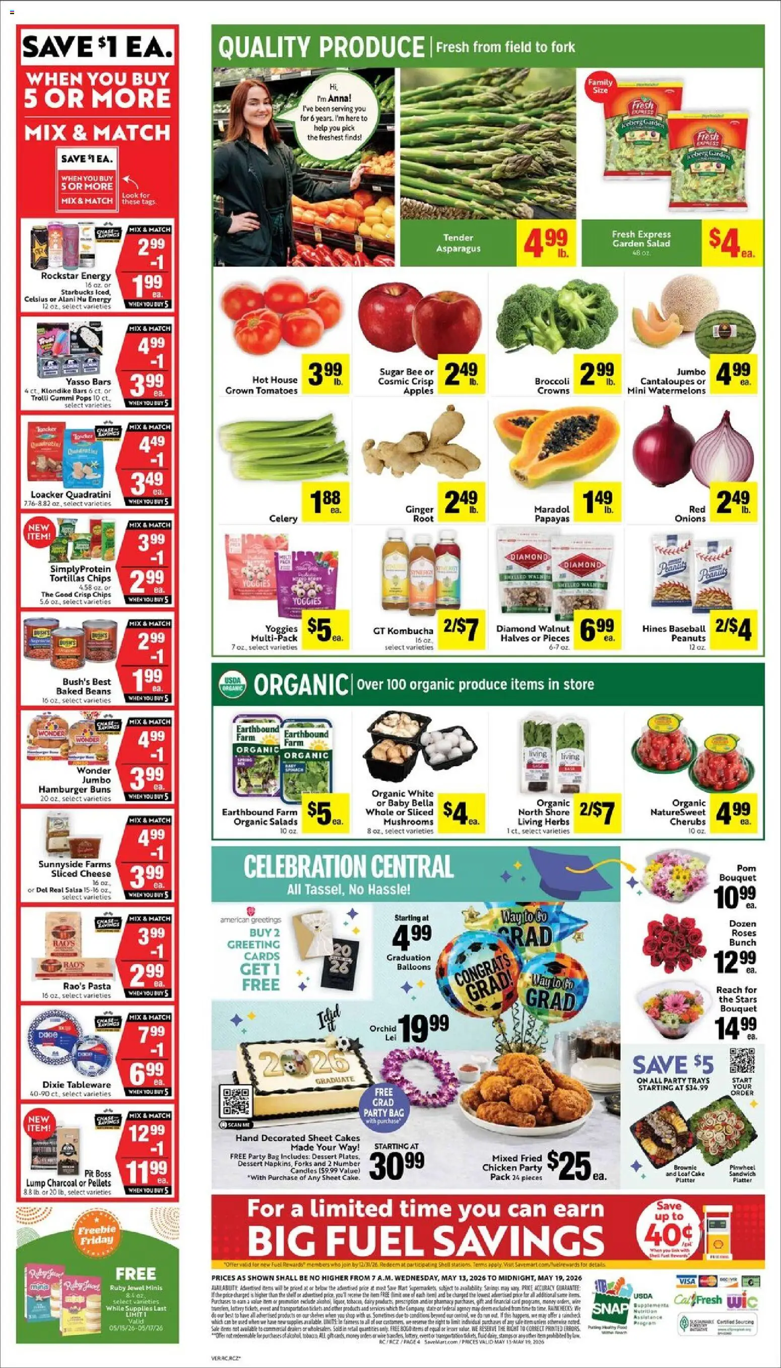 Save Mart Weekly - CA - valid from 13.05.2026 | Page: 6 | Products: Broccoli, Ginger, Cheese, Tomatoes