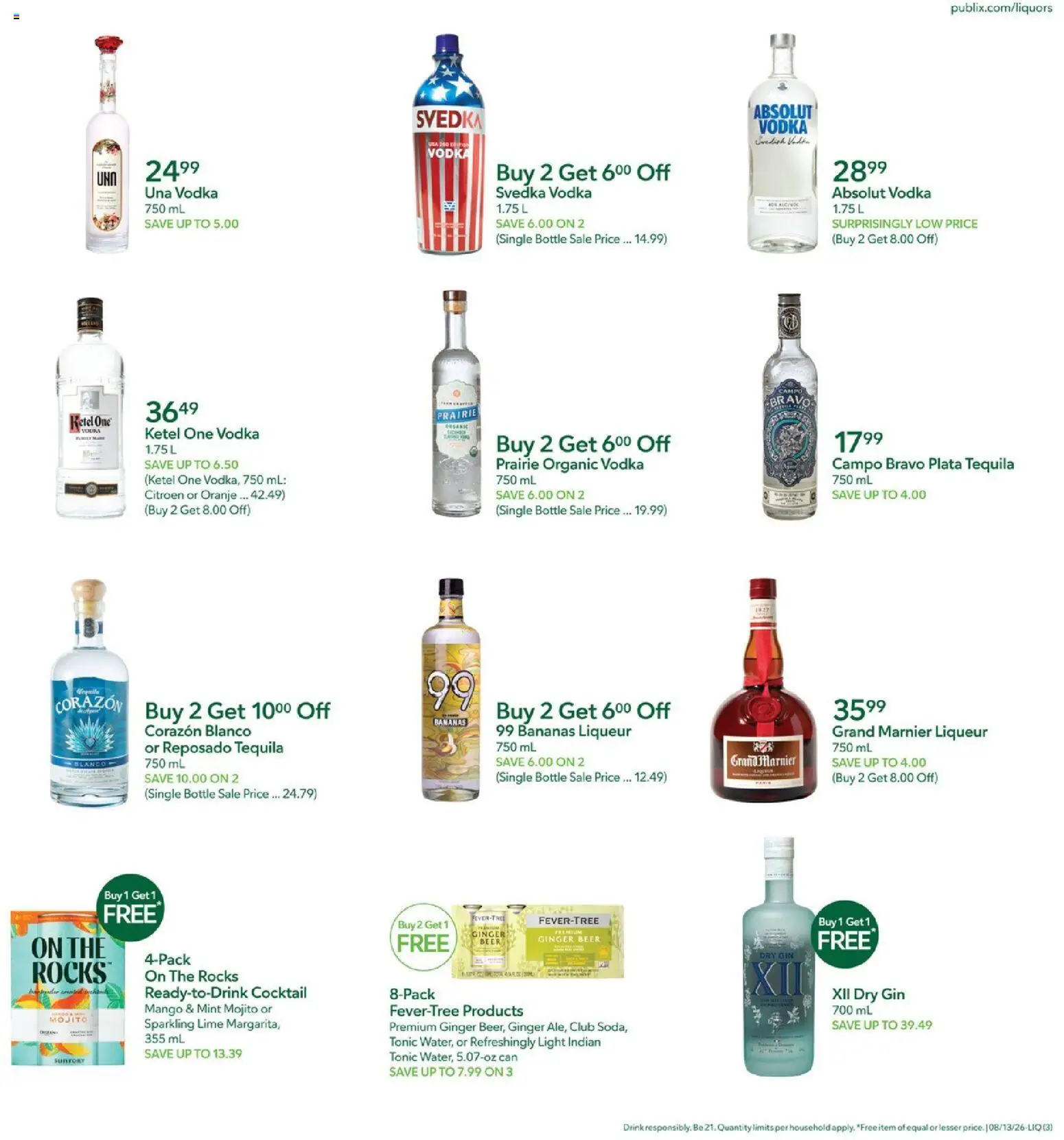 Publix Liquor Ad - valid from 08/13/2026 | Page: 3 | Products: Ginger, Absolut vodka, Bananas, Mango