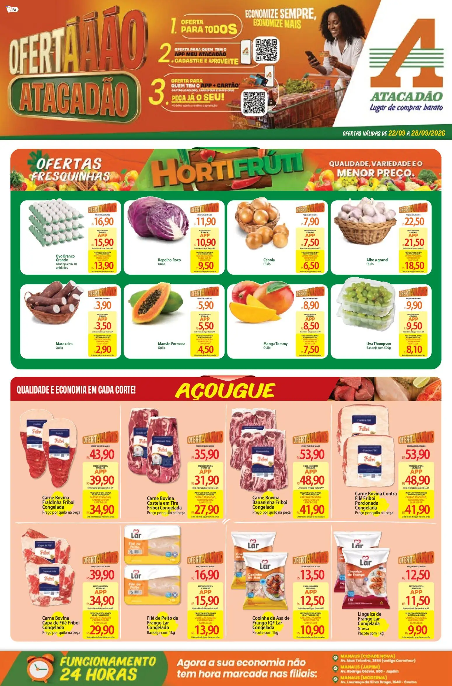 Atacadão Folheto - válido de 22/09/2026 | Página: 1 | Produtos: Macaxeira, Linguiça, Mamão, Frango