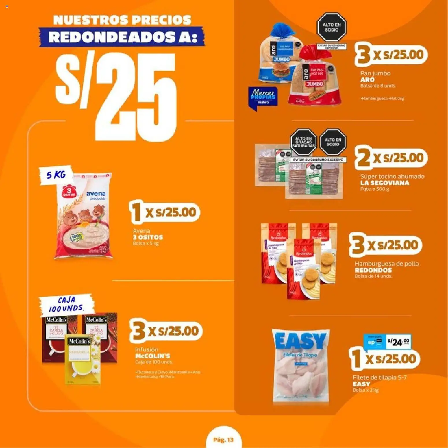 Catálogo Makro válido desde 27/08/2026 | Página: 13 | Productos: Hamburguesa, Tocino, Avena, Bolsa