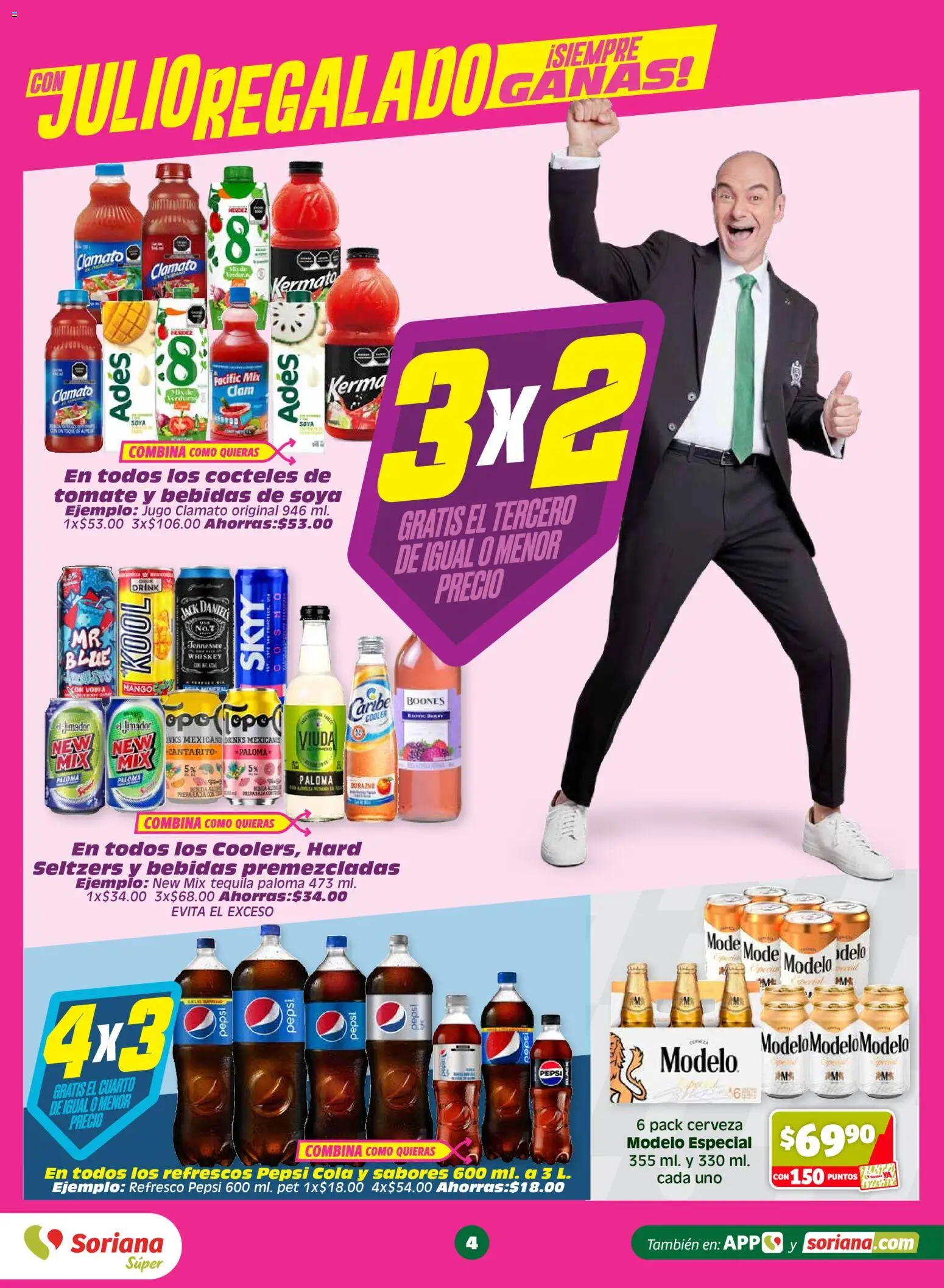 Nuevas ofertas de Soriana válidas en toda la República Mexicana desde el 26/06/2026. ¡Encuentra las mejores ofertas en Soriana Julio Regalado Súper Nacional! | Página: 4 | Productos: Durazno, Tomate, Mango, Cerveza