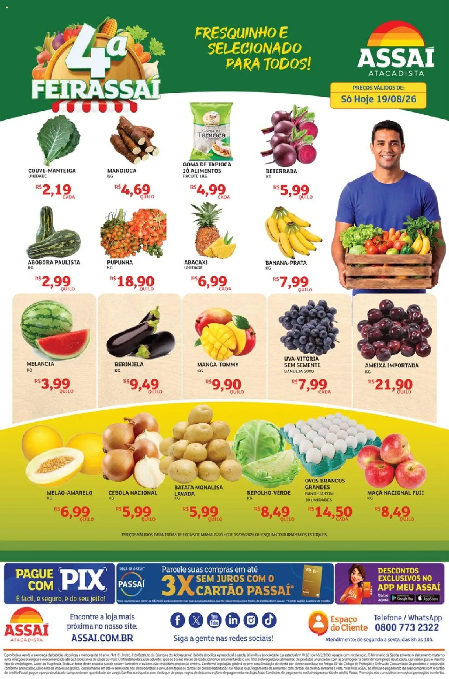 Assaí Atacadista Folheto - válido de 19/08/2026 | Página: 1 | Produtos: Melancia, Berinjela, Mandioca, Tapioca