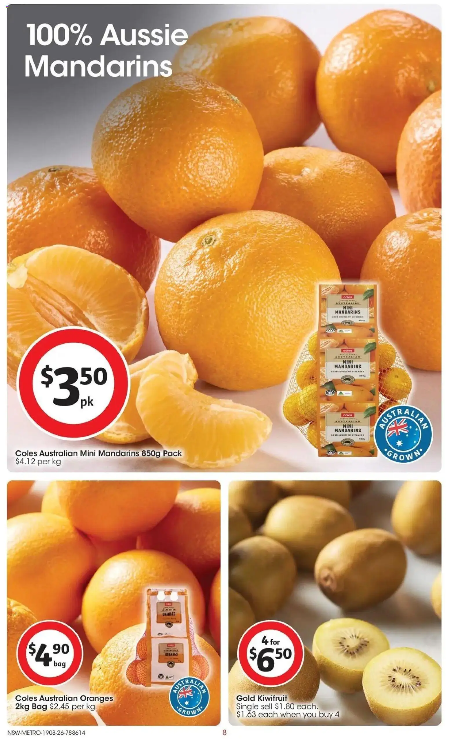 Coles catalogue - valid from 19/08/2026 | Page: 8 | Products: Oranges, Kiwifruit, Mandarins, Bag