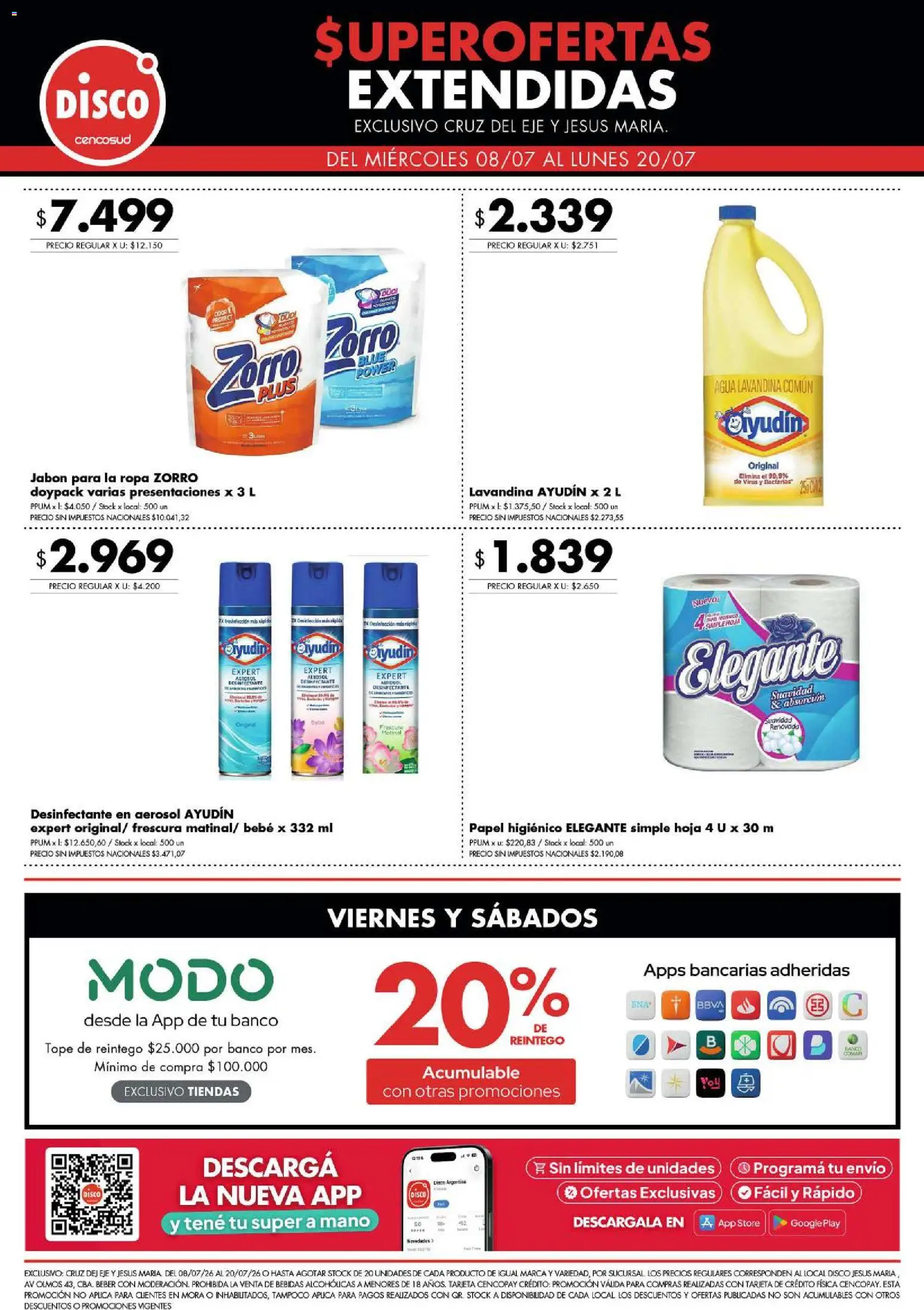 Disco - Superofertas extendidas - Cruz del Eje y Jesus Maria │ válido desde el 08/07/2026 | Página: 4 | Productos: Desinfectante, Jabón, Agua, Ropa