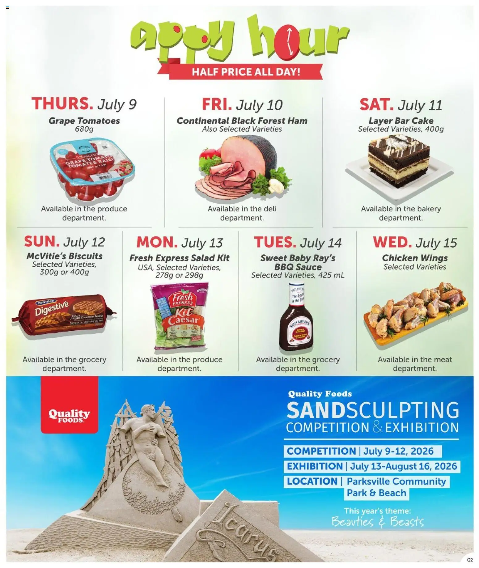 Quality Foods flyer valid from Jul 9, 2026 | Page: 14 | Products: Chicken wings, Bag, Milk, Ham