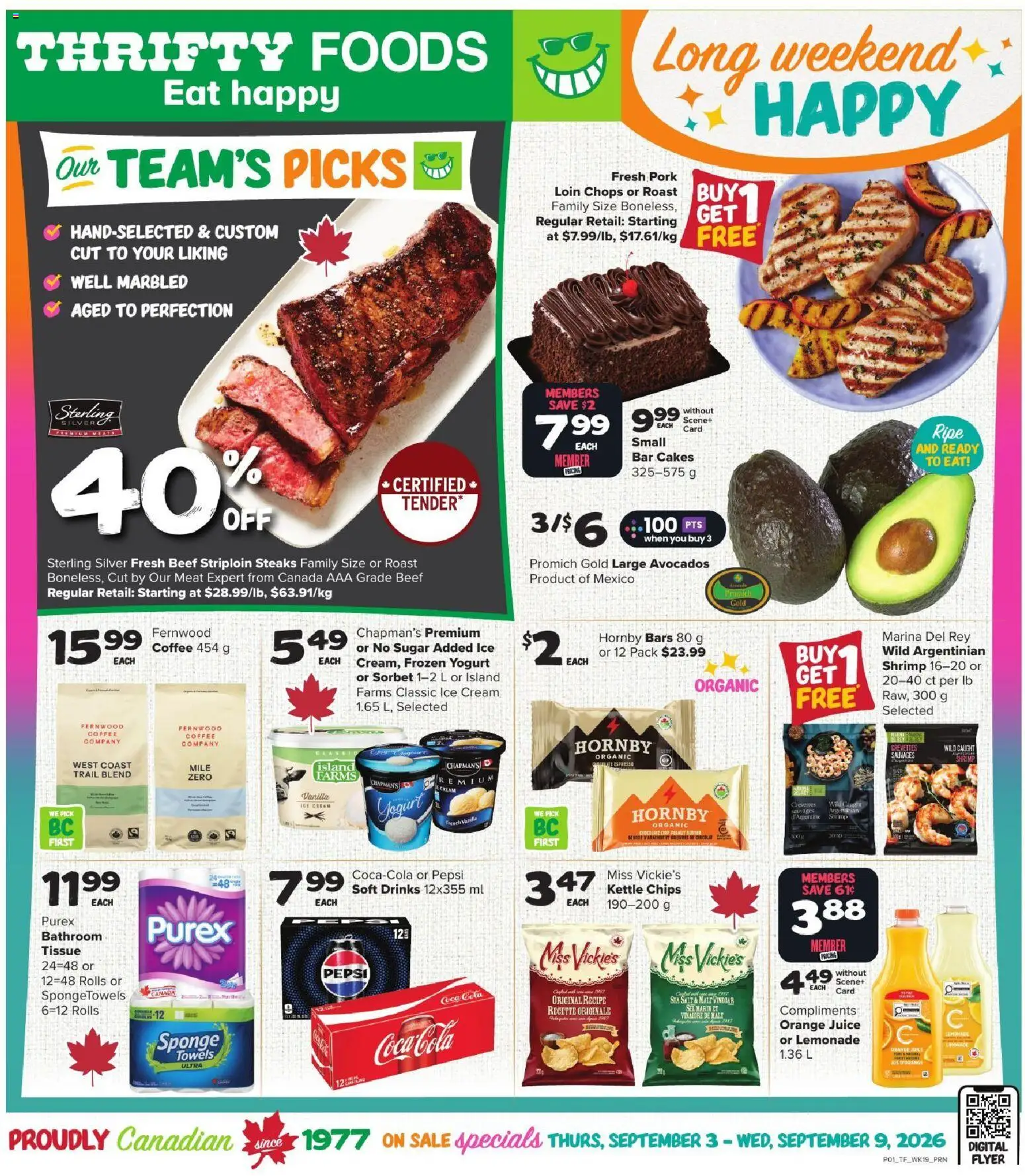 Thrifty Foods flyer valid from Sep 3, 2026 | Page: 1 | Products: Drinks, Salt, Coffee, Ice