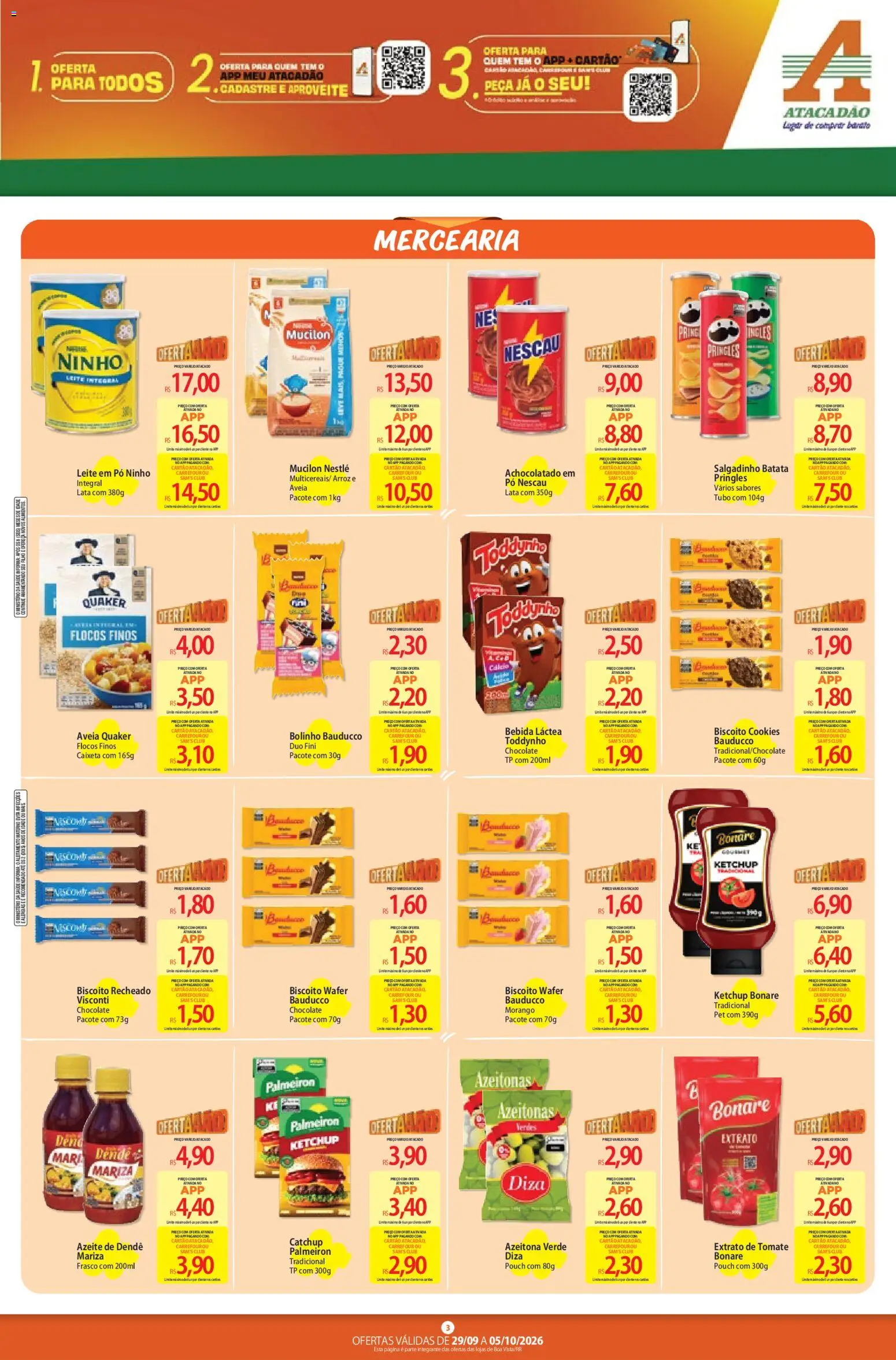Atacadão Folheto - válido de 29/09/2026 | Página: 3 | Produtos: Biscoito, Achocolatado, Leite, Ketchup