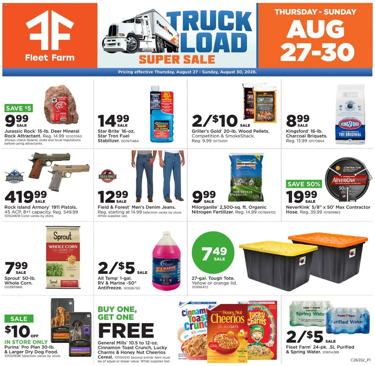 Mills Fleet Farm Truckload Event - valid from 08/27/2026 | Page: 1 | Products: Charcoal, Grains, Honey, Water