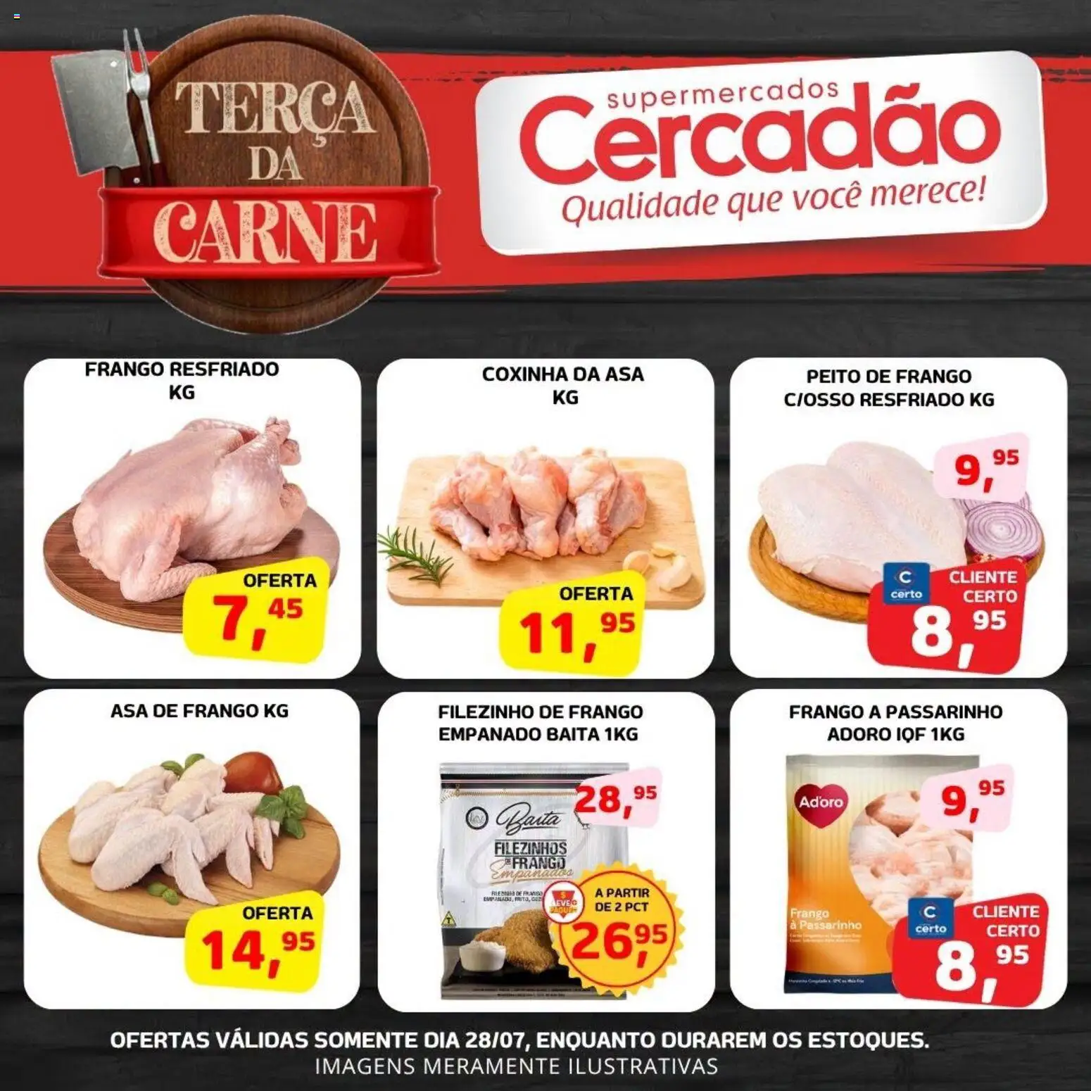 Cercadão Folheto - válido de 28/07/2026 | Página: 3 | Produtos: Asa de frango, Carne, Frango, Peito de frango